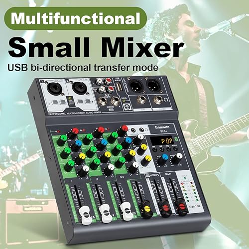 Miniatura 8 de BF4+ Mini mezclador de audio y DJ, sistema de consola de tablero de sonido, 4 canales de 48 V Phantom Power con Bluetooth USB MP3 estéreo DJ en vivo