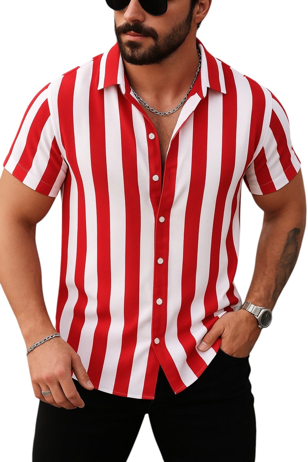 Men's Casual Short Sleeve Vertical Striped Button Down Shirt - Multi Summer Beach Slim Fit Fashion Shirt for Party, Vacation, Streetwear-picture-37