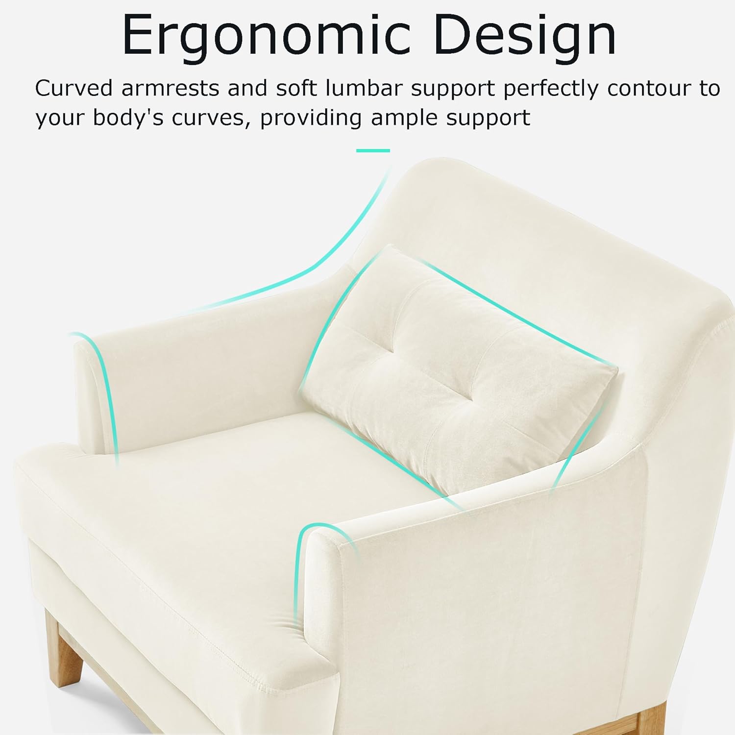 LINSY Accent Chair, Large Reading Chair with Rubberwood Base, Mid Century Modern Armchair with Lumbar Pillow, Cozy Single Sofa Chair for Living Room Bedroom Office Study, Velvet Arm Chair, Beige