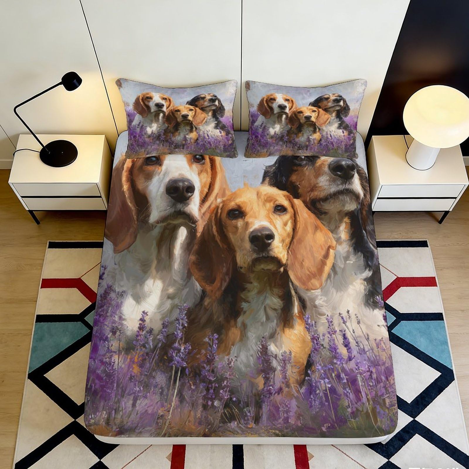 Pnayamiorkfel Style-1 3D Printed Beagle Dog Lavender Fitted Sheet Microfiber Soft Anti-Slip Bed Cover Bedroom Decor Machine Washable 90X200x25cm