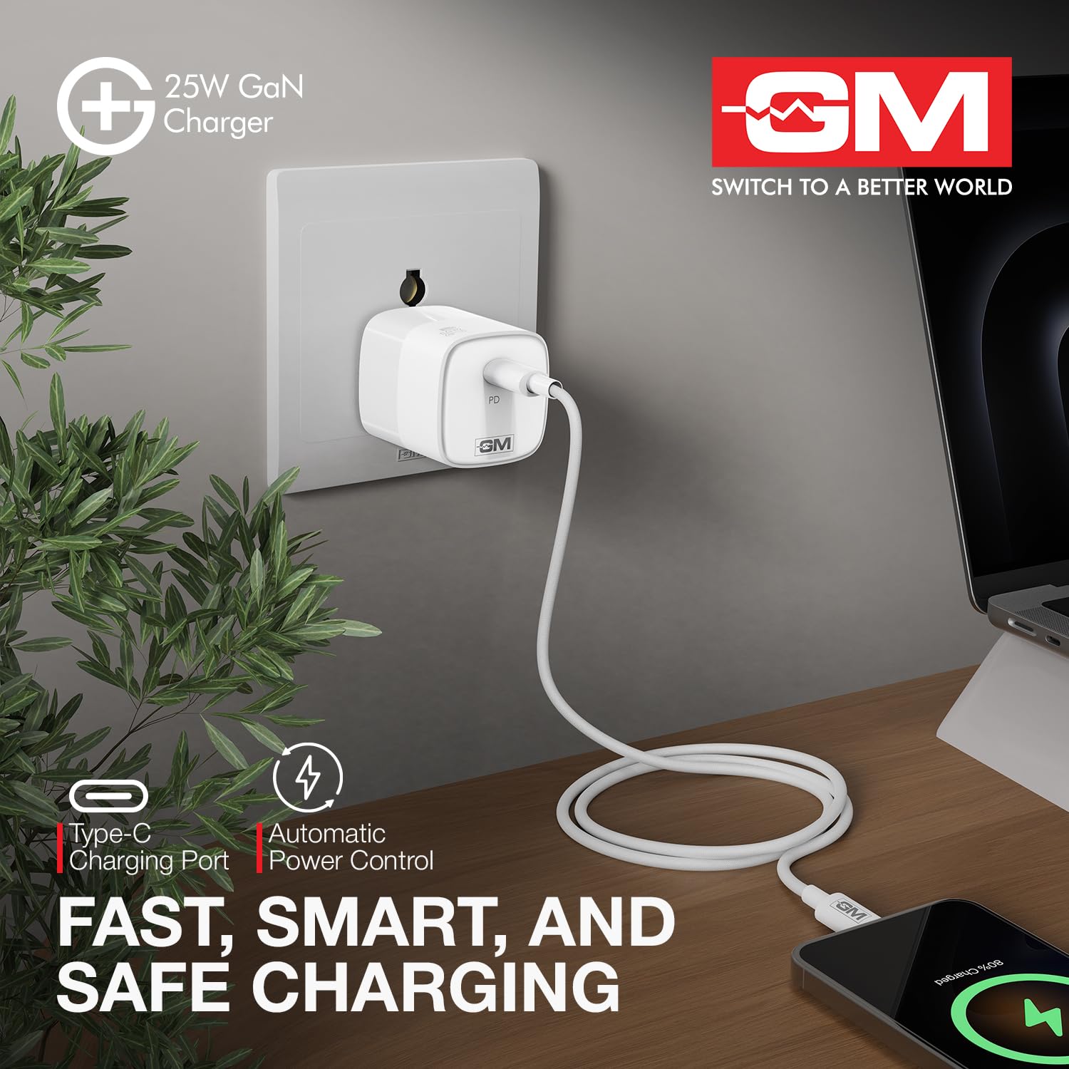 GM G+ 25W GaN Fast Charger with USB-C Port | PD 3.0 QC 3.0, Compact Travel Charger with Advanced Safety Protection for iPhone, Samsung, Pixel Series | 1 Year Warranty 1