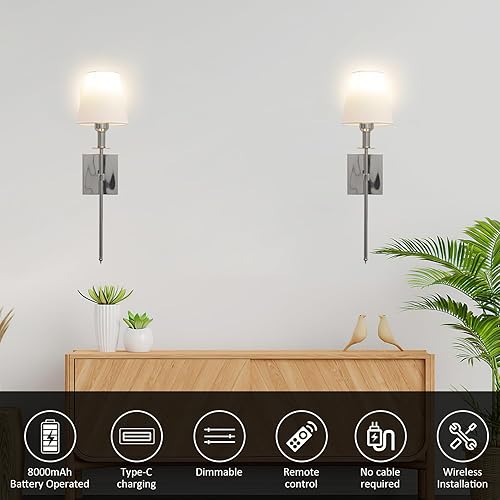 Vista 31 de Juego de 2 apliques de pared que funcionan con pilas, luces de pared inalámbricas recargables con control remoto de 12 colores regulables