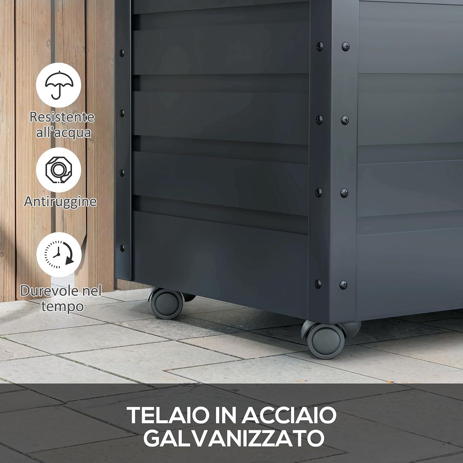 Close-up of the Outsunny storage box showing the galvanized steel frame and icons for water resistance, anti-rust, and durability over time.