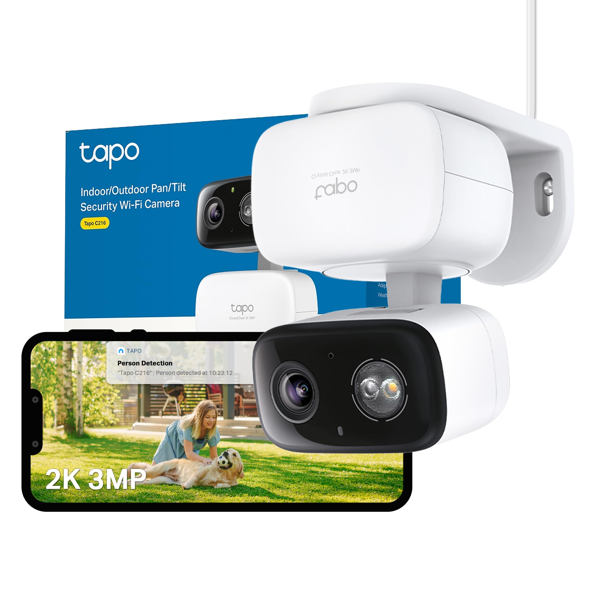 Tapo Tapo C216 2K 3MP Outdoor Camera 360°Pan/Tilt, IP65 Color Night Vision, Security Camera Outdoor WiFi, Smart AI Detection,Spotlights, Indoor Cameras House Security, CCTV, Alexa/Google