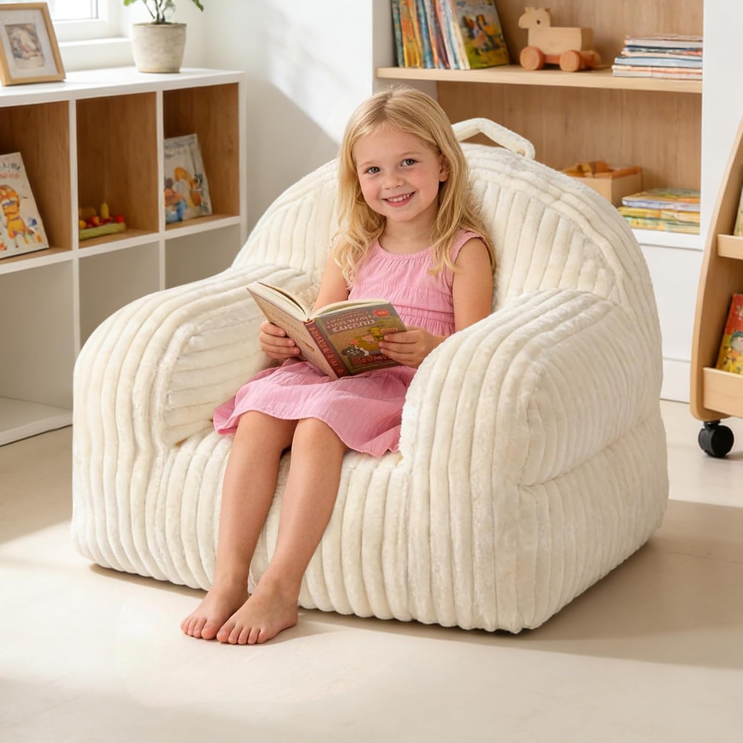 Kids Bean Bag Chair, Comfy Toddler Bean Bag Sofa with Filler Bean Bag Chairs for Boys and Girls, Stuffed Lazy Sofa with Handle Floor Chair for Reading, Gaming, Beige