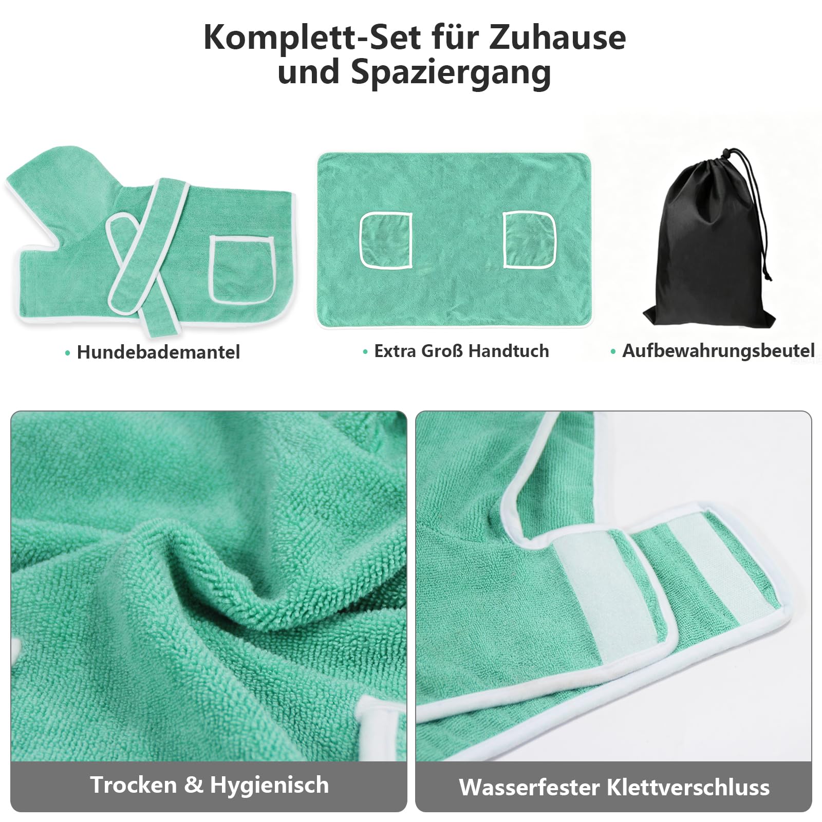 Hundebademantel Set mit Extra Großes Hundehandtuch und Aufbewahrungsbeutel, Stark Saugender Hundebademantel mit Verstellbarer Gürtel für Kleine, Mittlere und Große Hunde