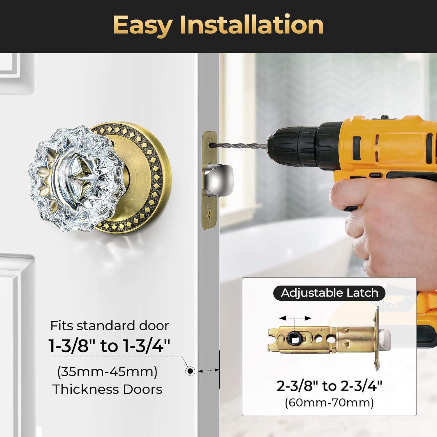 Glass Door Knobs with Lock, Antique Brass Crystal Door Knobs Interior for Privacy Use, Rosette Vintage Crystal Doorknob for Bathroom & Bedroom, 1 Pack