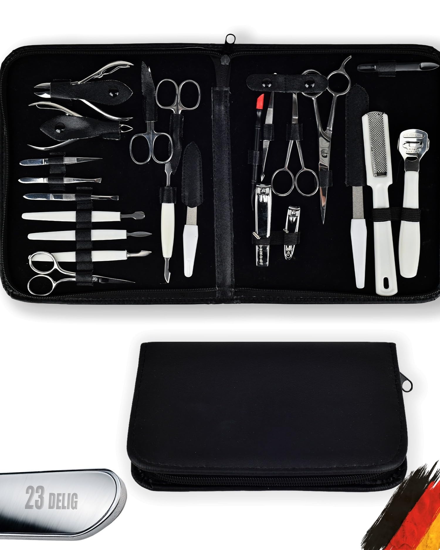 GGS Solingen Maniküre Set 23-teilig im Etui – Nagelpflege Set Edelstahl, Nagelschere Nagelknipser Hautzange Pinzette Hornhautraspel Nagelfeile, Maniküreset Pediküreset Damen Herren, Made in Germany