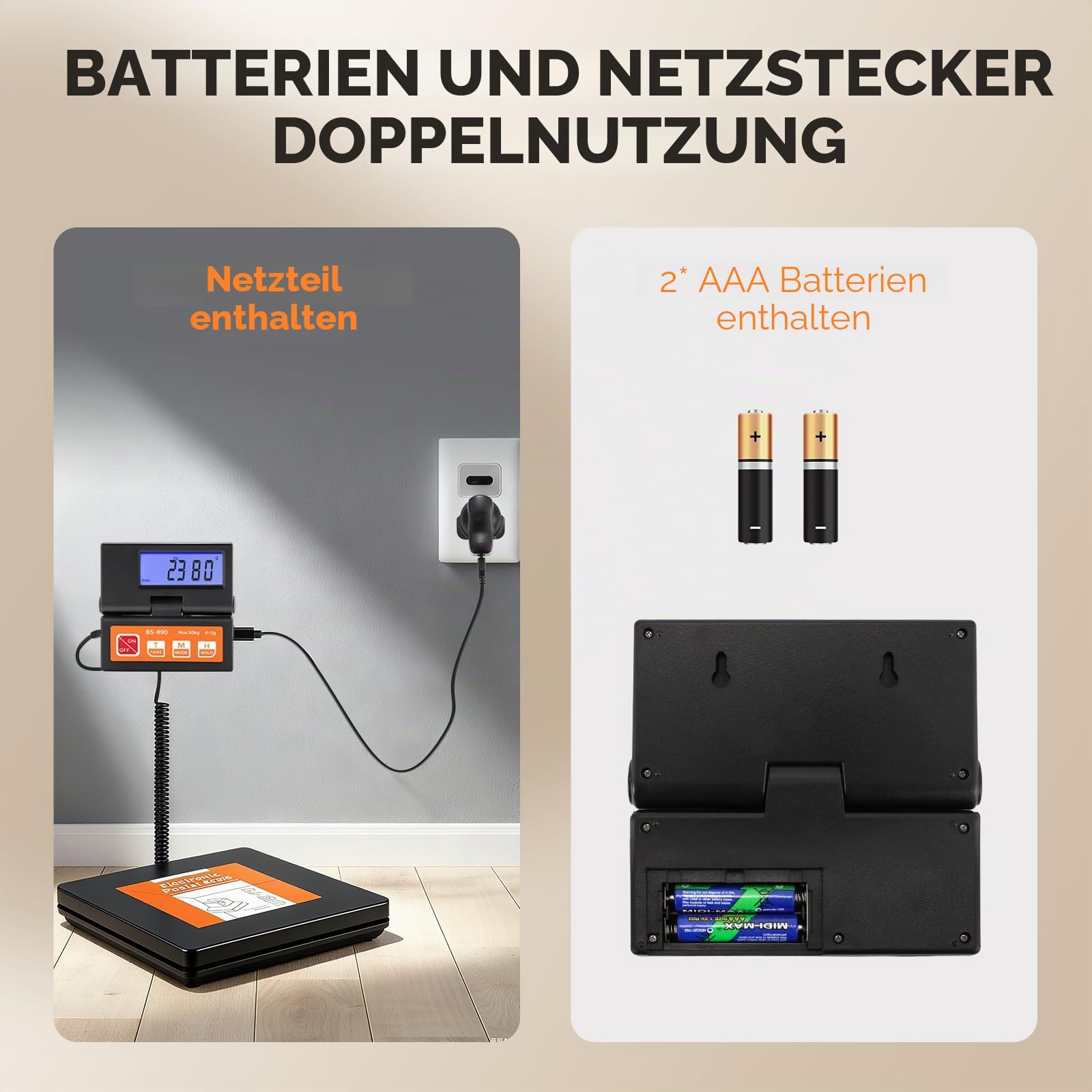 Bonvoisin Paketwaage Postwaage Digitale 50kg/110lb,2g Plattformwaage mit separatem großem LCD-Display, 2 AAA-Batterien und EU-Netzadapter enthalten, g/kg/oz/lb mit Stable & Hold-Anzeige