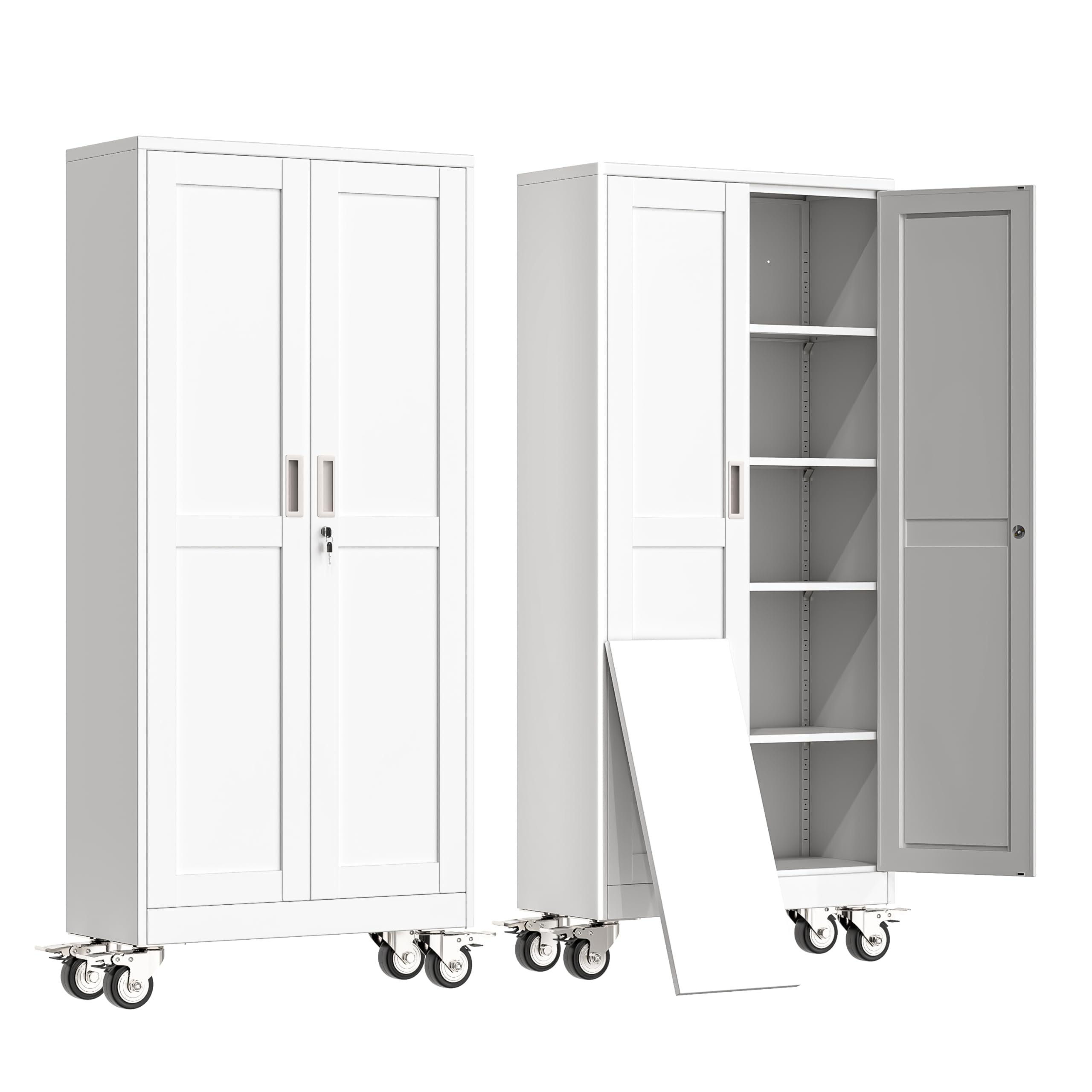 erosoei 71" H Metal Garage Storage Cabinet, Rolling Tool Cabinet with 2 Doors and Wheels, Locker Steel Cabinet with 4 Adjustable Shelves, Organization Cabinet for Garage,Office,Home,Gym,School（White）