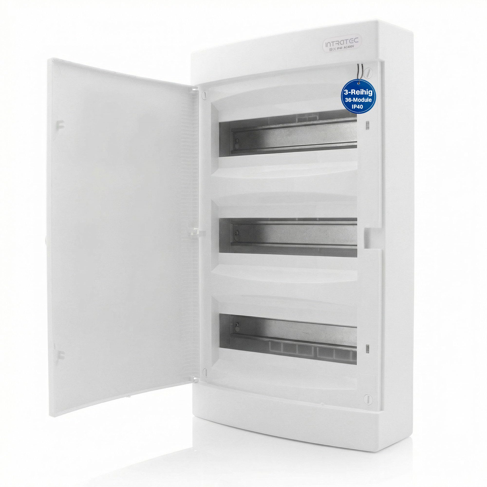 Intratec Sicherungskasten Aufputz, IP40 – 3-reihig, 36 Module, 485 x 287 x 112 mm, Weiß