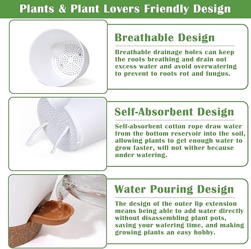 Miniatura 3 de Paquete de 5 macetas de riego automático, juego de macetas de plástico de 6 pulgadas, macetas de riego inferior con cuerda absorbente y platillo,