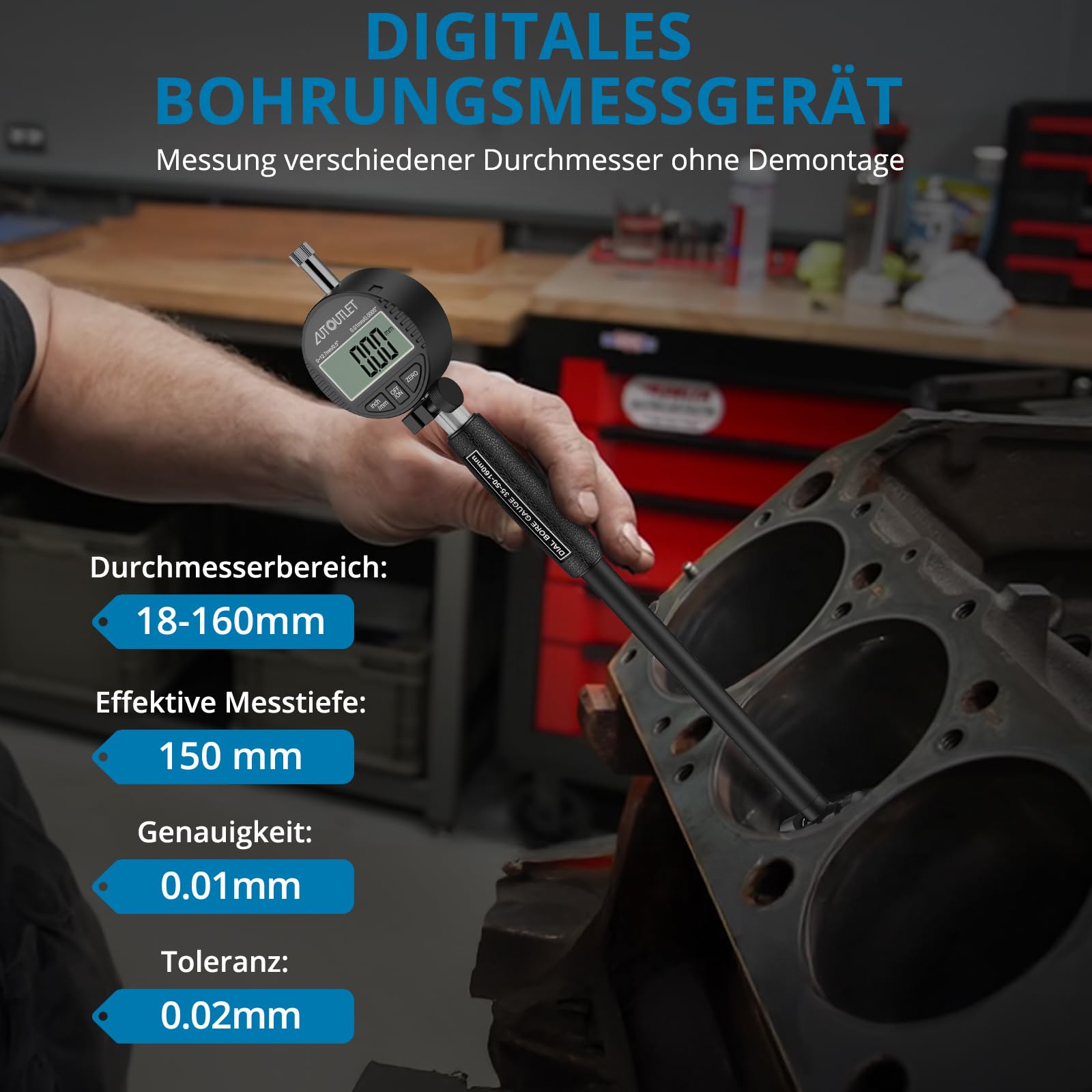 AUTOUTLET Digitales Bohrungsmessgerät Set 18–160mm, mit 23 Sonden & ABS-Box | 0,01mm Genauigkeit, MM/Zoll Anzeige, Robustes Aluminiumlegierung Innenmessgerät bis 150mm Tiefe, Zur Formabweichungsprüfung