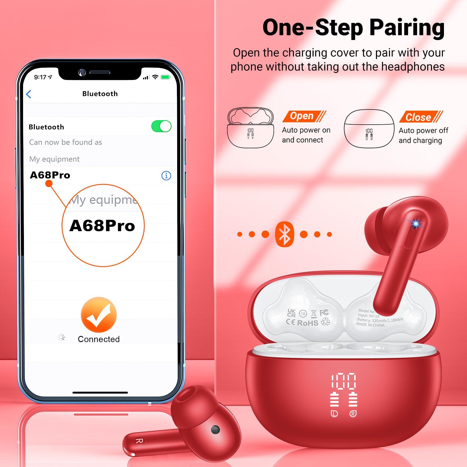 Cuffie Bluetooth, Auricolari Bluetooth 5.3 con 4 Mic ENC Cancellazione Rumore Cuffie Wireless In Ear HiFi Stereo 42Ore LED Display Cuffie Wireless Bluetooth IPX7 Impermeabili Cuffie Rosso Intenso