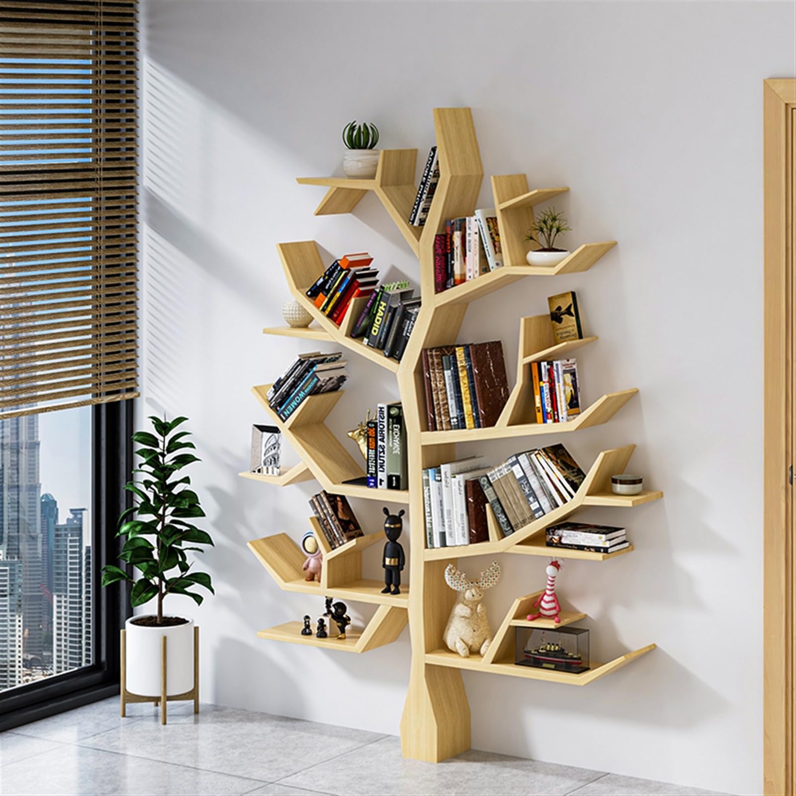 Regal Wand Kreatives Kunstbaum-Bücherregal aus massivem Holz, Eckwandregal im Büro-Wohnzimmer, vom Boden bis zur Decke reichendes Bücherregal Wandregal