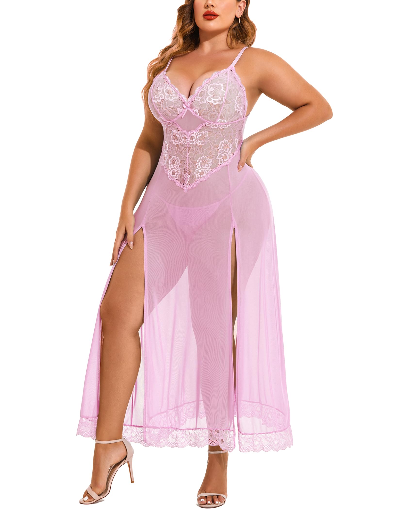 Avidlove Plus Size Lingerie for Women Sexy Lace Babydoll Long Lingerie Dress Side Split Nightgown