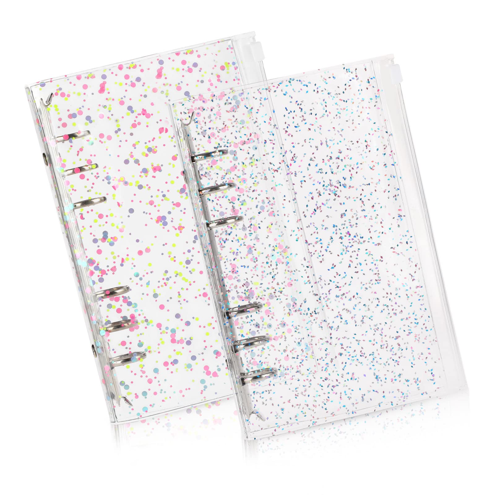 NEWEST 2 Pieces A6 Refillable Binder Covers Soft PVC 6-Ring Loose Leaf Notebook Cover Protector with Sequin &Double-Sided Zipper Pockets Personal Organizer Planner Budget Binder for Refill Paper, B+D