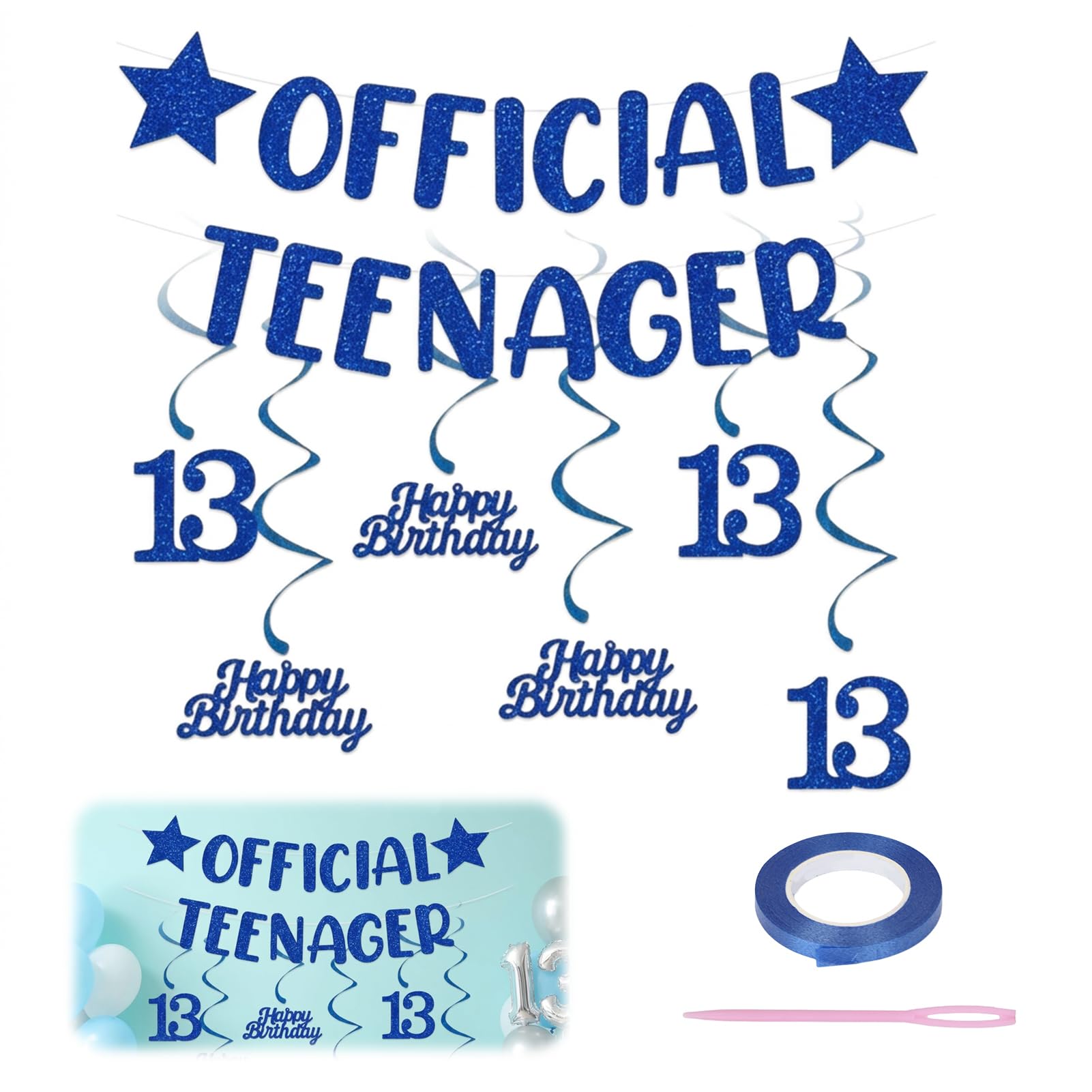 Official Teenager Banner 13th Birthday Decorations for Boys, Blue Happy 13th Birthday Bunting Garland with Hanging Swirls Streamers, 13 Years Old Party Supplies