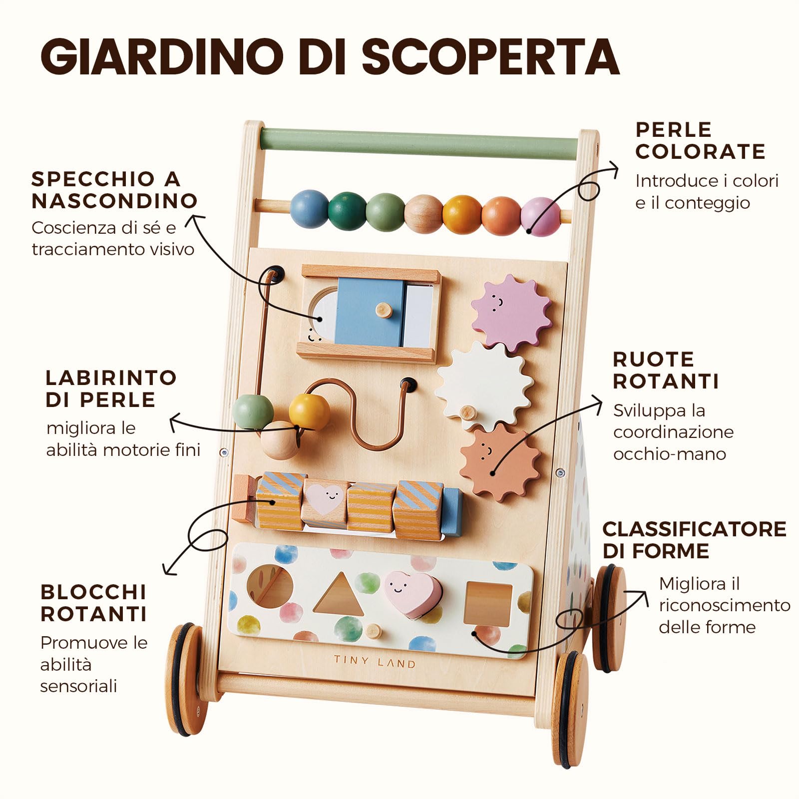 Tiny Land girello in legno, Set Baby Walker, ausilio per imparare a camminare con velocità regolabile per bambini e bambine, ausilio per camminare e centro attività per bambini