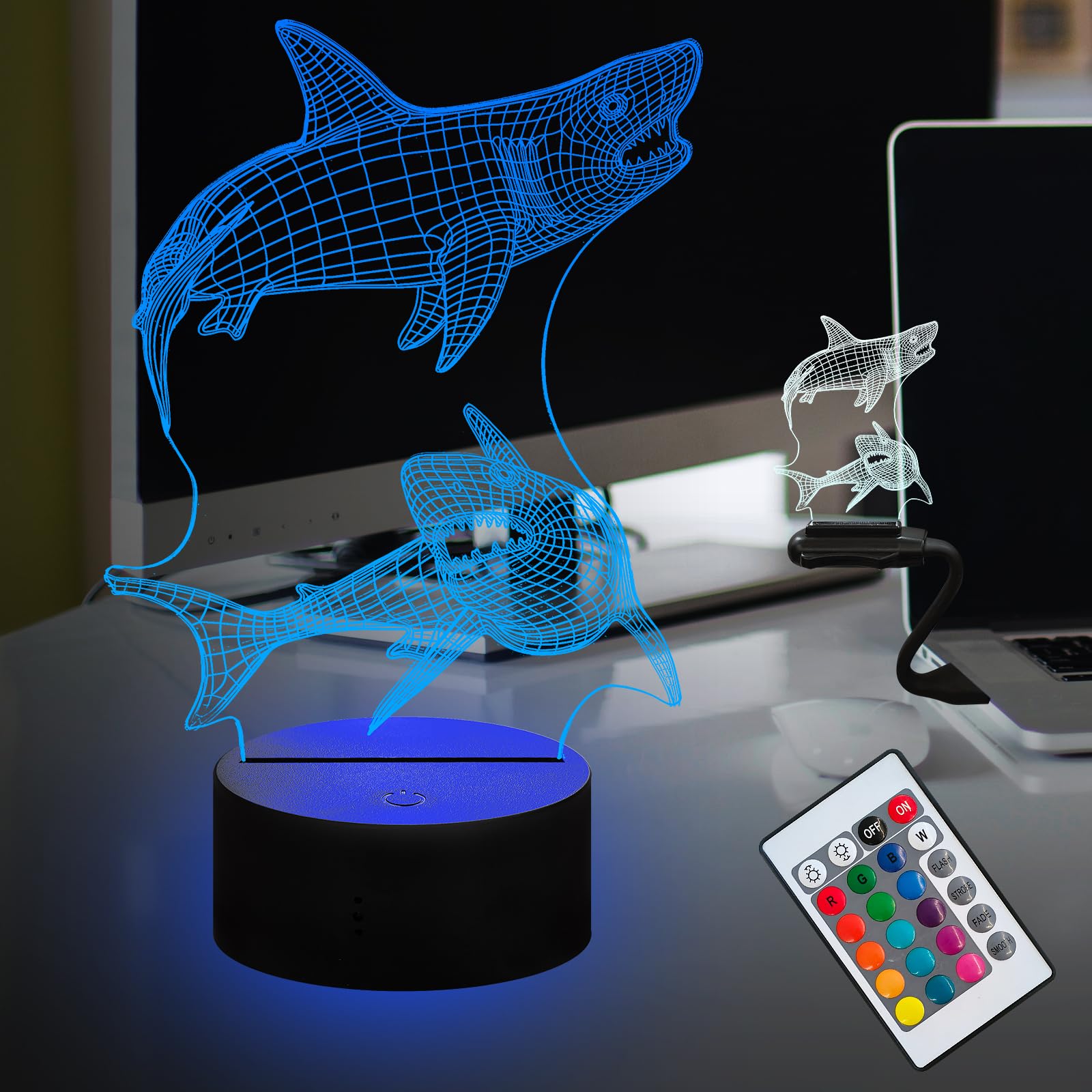 Laysinly3D Night Light Shark Ocean Fish Illusion Anime Remote 16 Colors Smart Touch 7 Color Change Dimming USB Base Portable Christmas for Kids