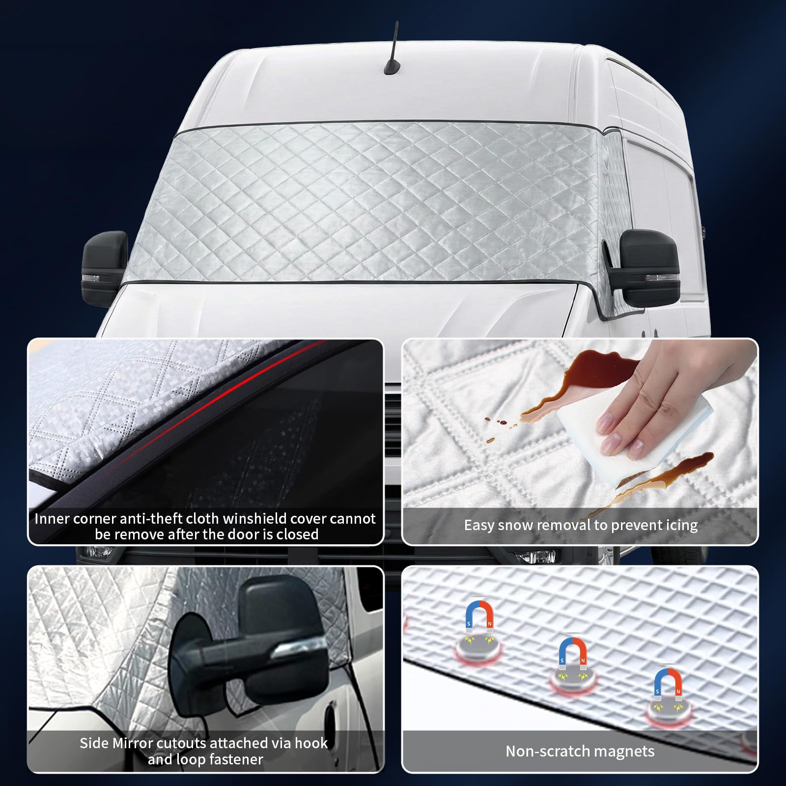 Housse de pare-brise pour VW Crafter 2018-2025 - Couverture de pare-brise premium en coton 2 couches avec support magnétique pour une protection toute l'année, réflexion UV et contre le soleil, la