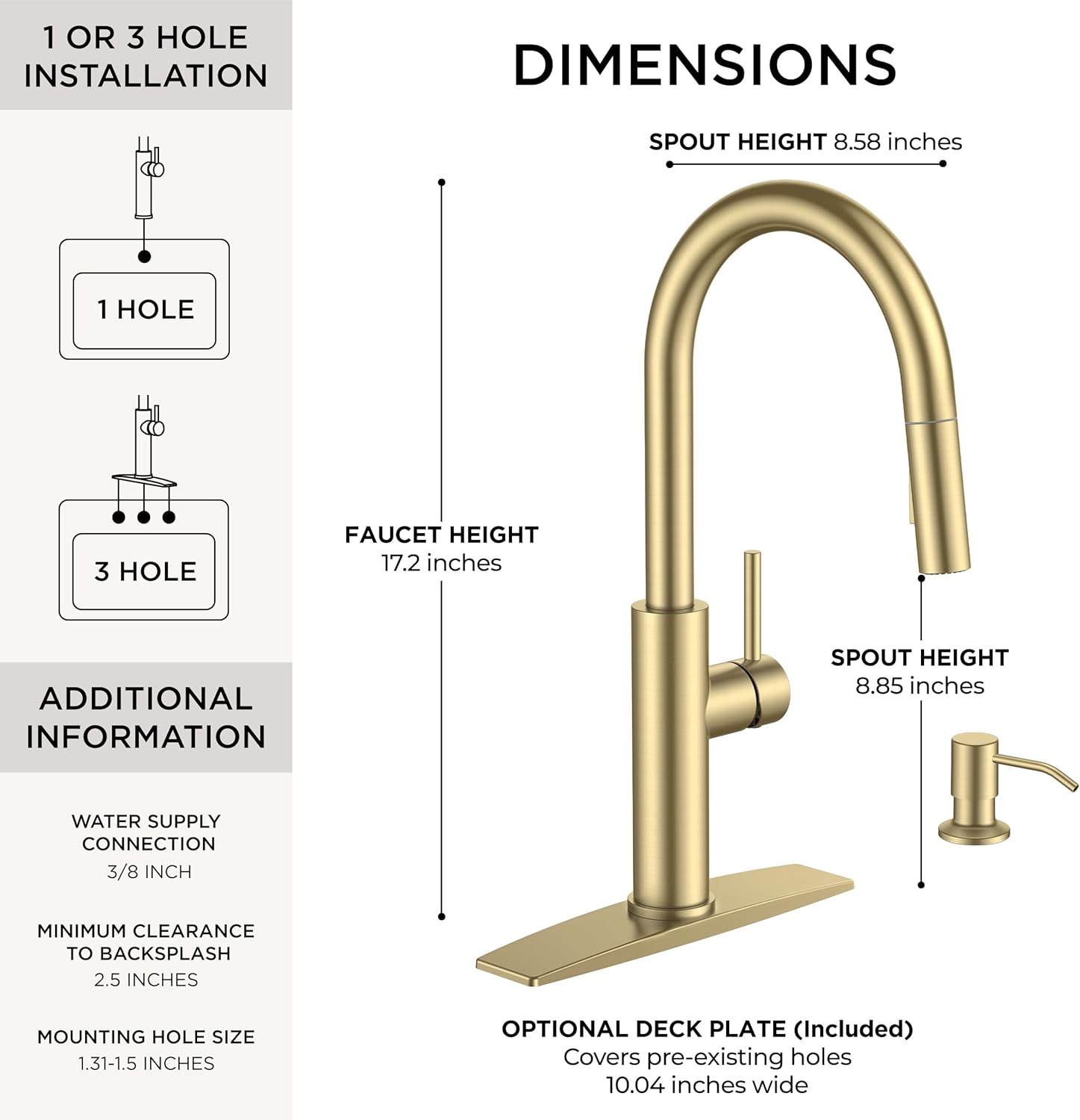 FORIOUS Kitchen Faucet with Soap Dispenser, Modern Brushed Gold, Single Handle High Arc Stainless Steel Kitchen Sink Faucet with Pull Down Sprayer, 1 or 3 Hole Deck Mount for RV, Laundry, Outdoor - Image 2