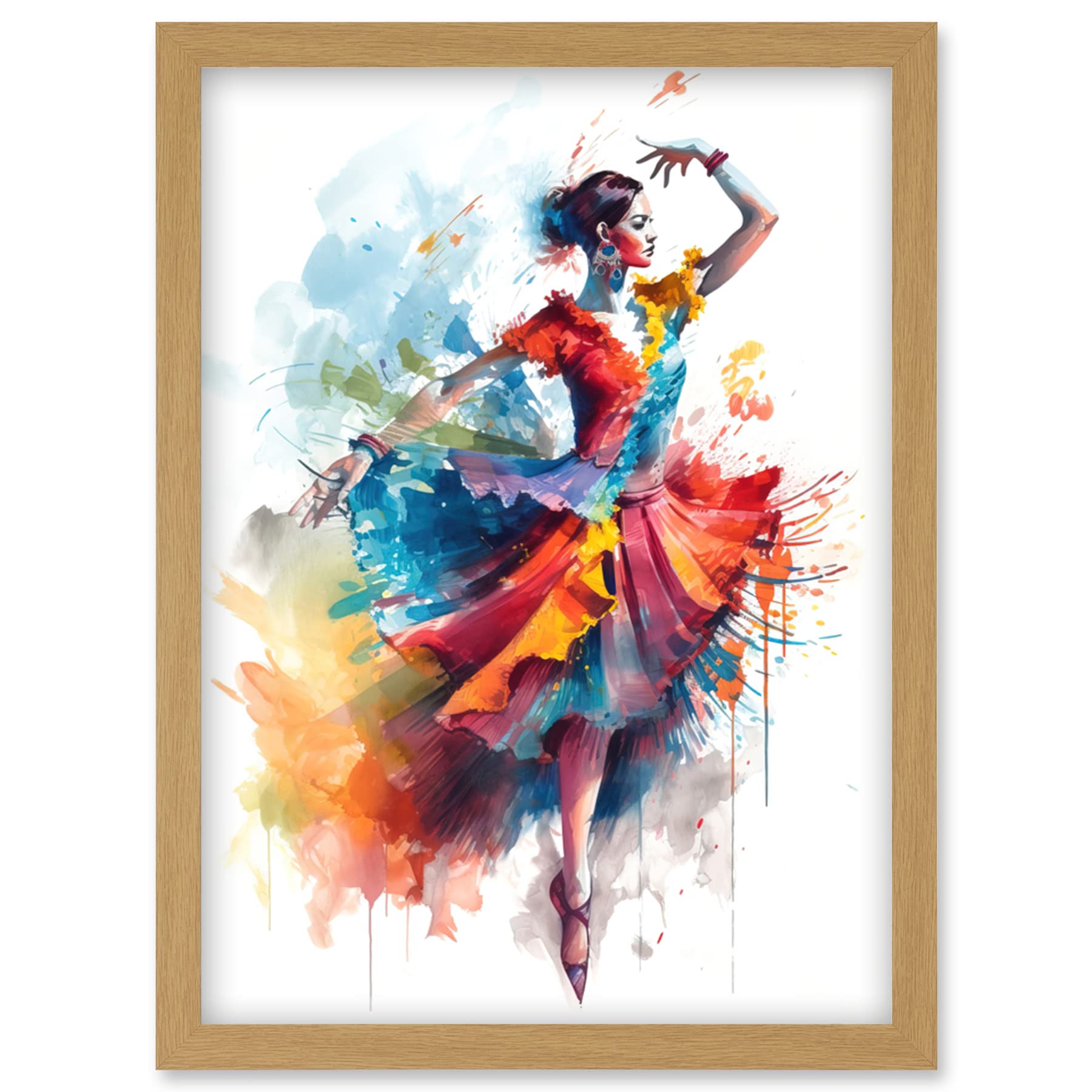 Artery8 Flamenco Dancer in Motion Rainbow Colour Dress Dance Modern Watercolour Painting Artwork Framed Wall Art Print A4
