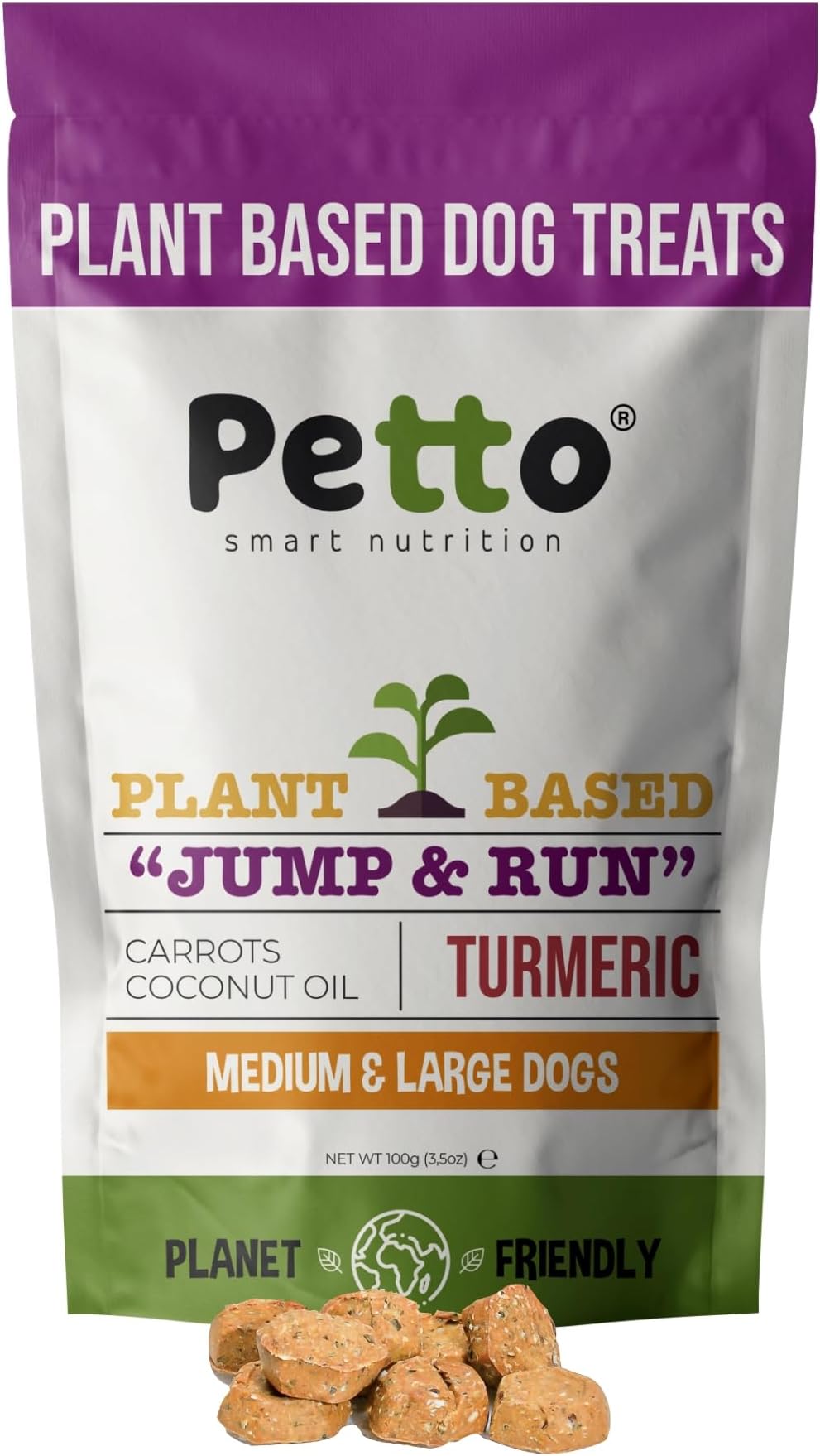Petto Plant-Based Hypoallergenic Dog Treats 100g | Healthy & Meat-Free Training Bites | Human Grade & Bakery Made with Carrots, Coconut Oil & Turmeric