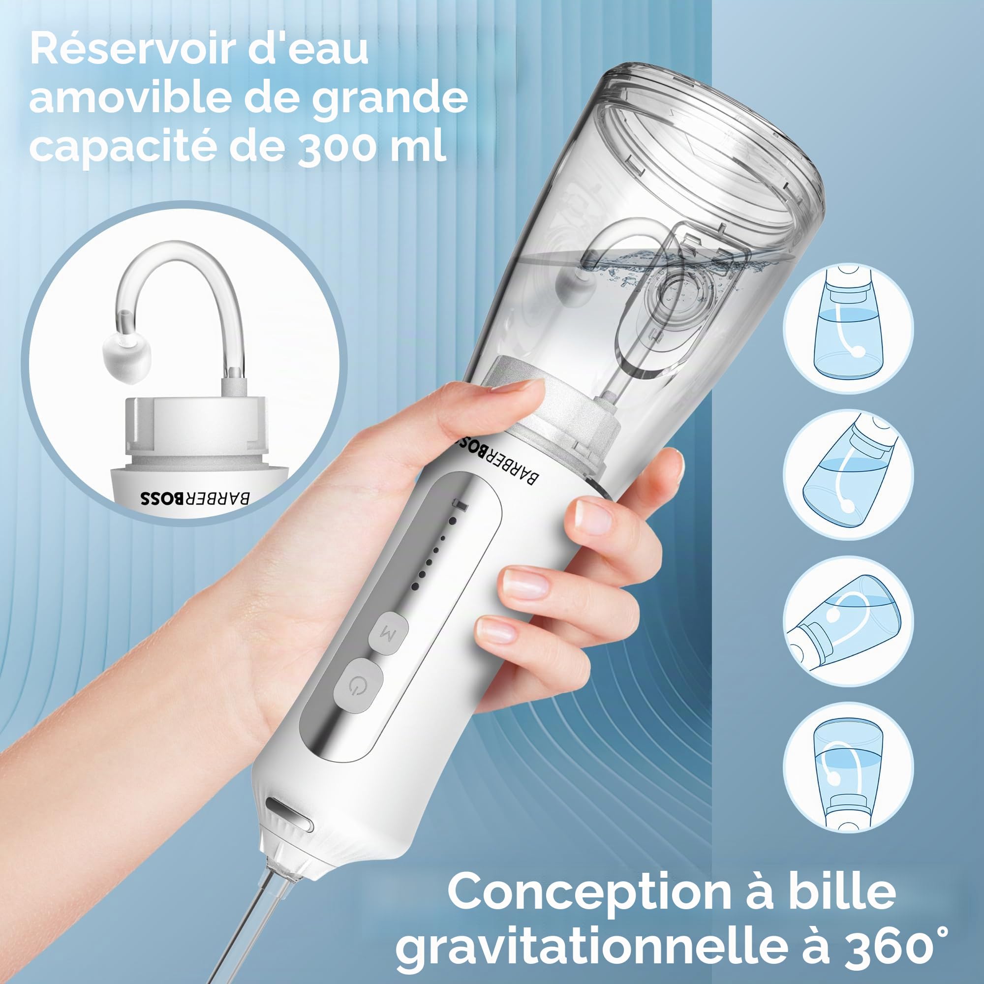 BarberBoss Hydropulseur, éliminateur de plaque dentaire, Hydropulseur électrique, Irrigateur dentaire avec 5 embouts jet et modes nettoyage, Irrigateur buccal, Nettoyeur de dents, QR-7024, (Blanc)