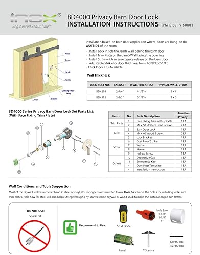 Miniatura 3 de INOX BD Series - Cerradura de privacidad para puerta de granero, para pared de 3-34 a 4-34 pulgadas, borde cuadrado de 2.362 in, negro grafito (19G)