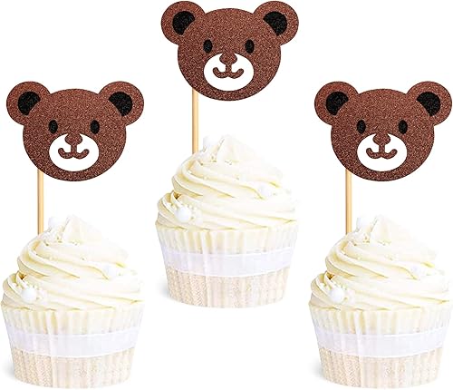 Ercadio Paquete de 24 adornos para magdalenas con cabeza de oso, oso con purpurina, para cupcakes, con temática de animales de la selva, baby