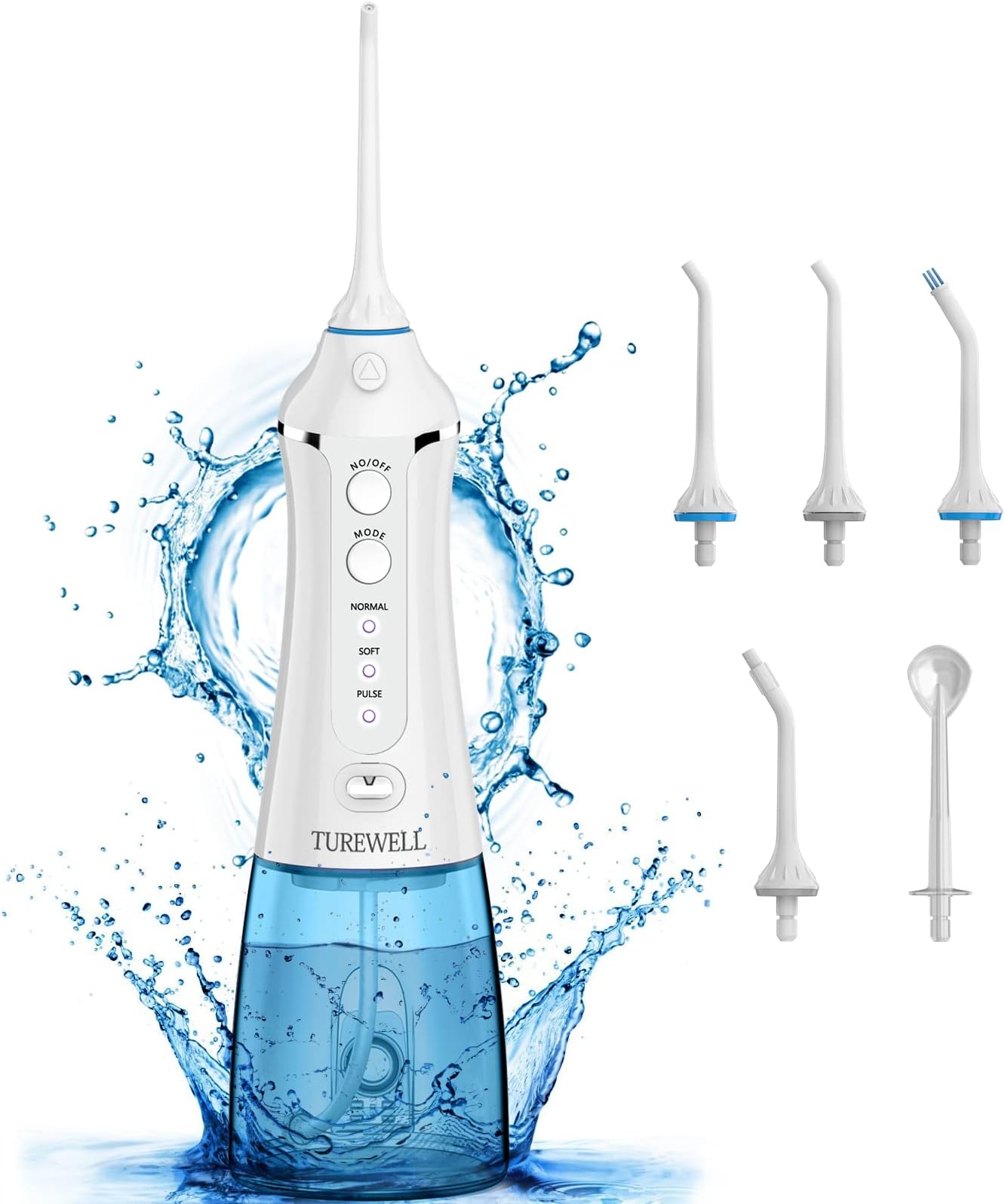Water Flosser Cordless Dental Oral Irrigator - TUREWELL 300ML Portable and Rechargeable IPX7 Waterproof Teeth Cleaner with 3 Modes and 5 Nozzles, for Travel & Family Use