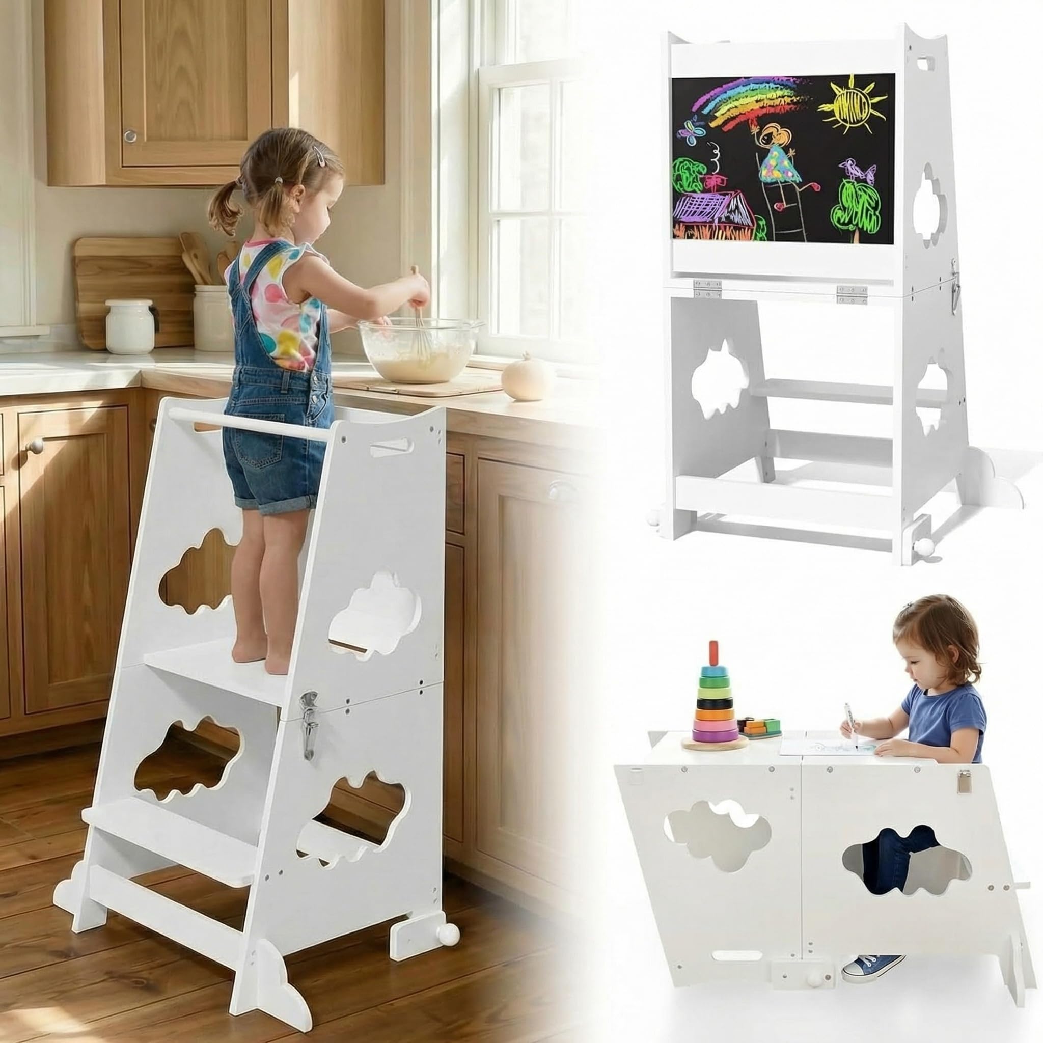 KIDINIX Lernturm ab 1 Jahr, 3 in 1 Montessori Learning Tower mit Sicherheitsgeländer und Tafel, Klappbarer Lernstuhl Kinder mit Tischfunktion für Küche, Bad, Weiß