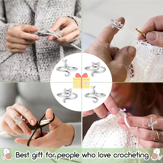 Yarn Ring Cat Ears Crochet Ring Adjustable Cat Rings Beginner Knitting Crocheting Crochet Tension Regulator Tool Finger Ring Jewelry for Women