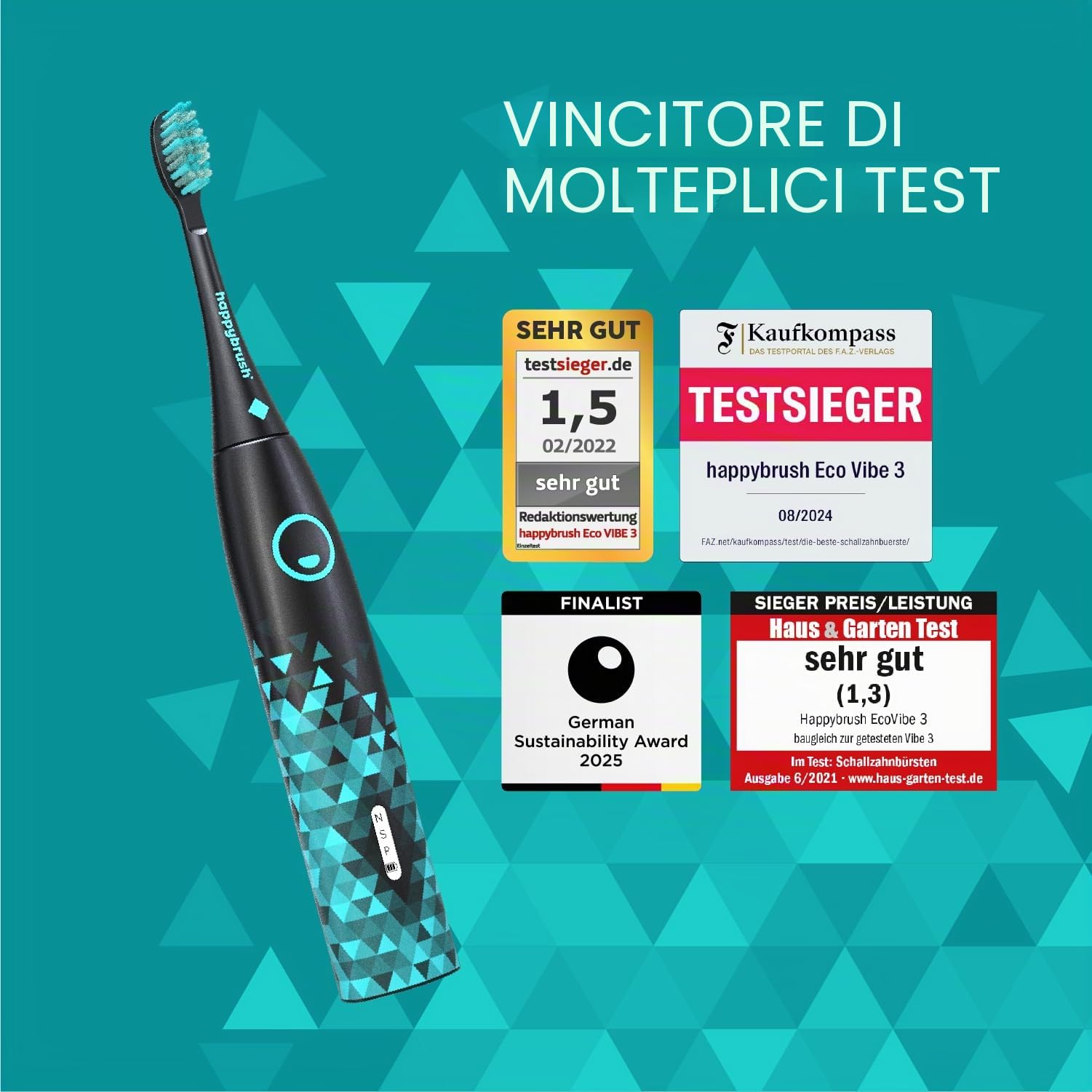 happybrush® Spazzolino elettrico sonico Eco VIBE 3 - Spazzolino sostenibile con batteria ricaricabile che dura 6 settimane, con 3 testine di ricambio e dentifricio - Nero/Menta