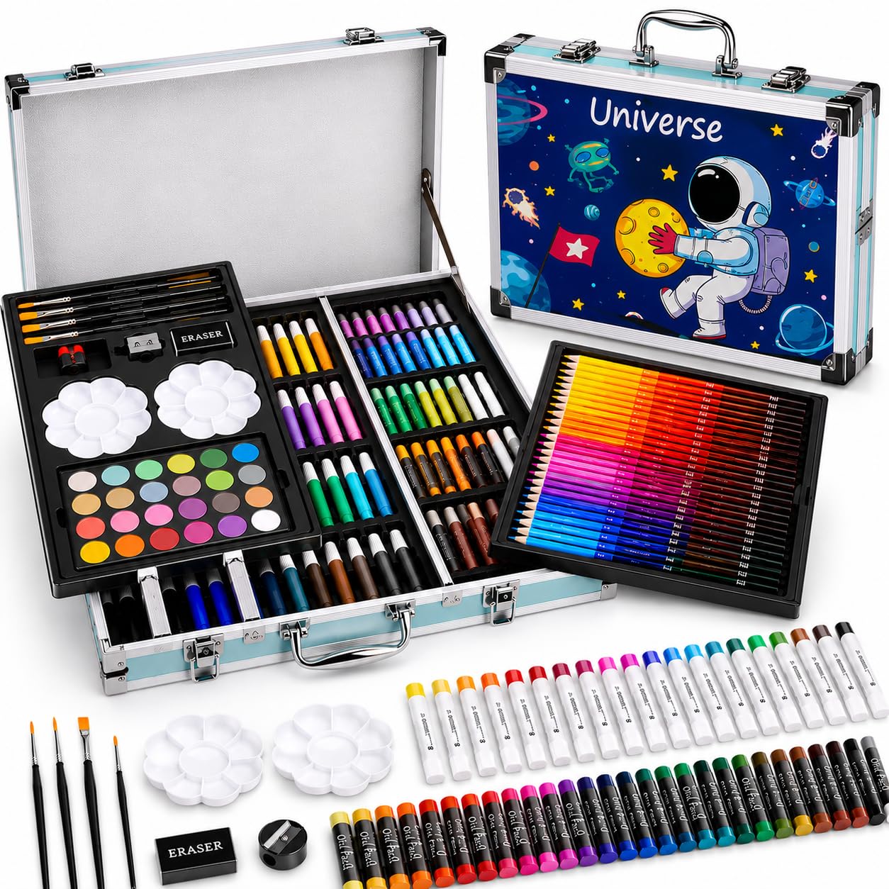 145 Piece Professional Art Set in Aluminium Carry Case, Deluxe Drawing & Painting Kit with Colouring Pencils, Watercolours, Markers & Sketching Supplies for Kids & Adults