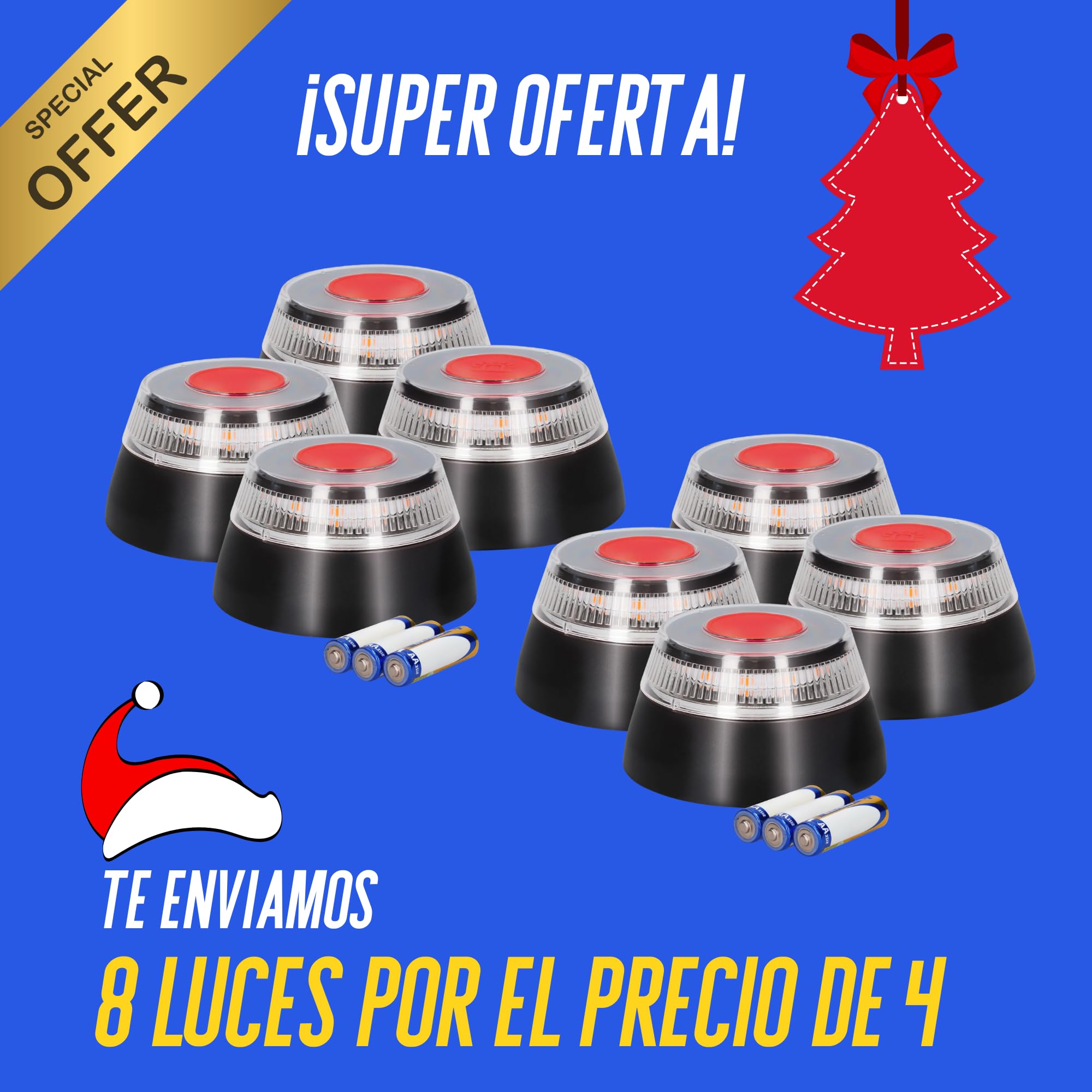 MAGIC SELECT 4X Luz Emergencia V16 Homologada por DGT con Geolocalización para Señalización en Carretera de Vehículo, Coche y Moto. Base Imantada, 3 Pilas AA Incluidas.