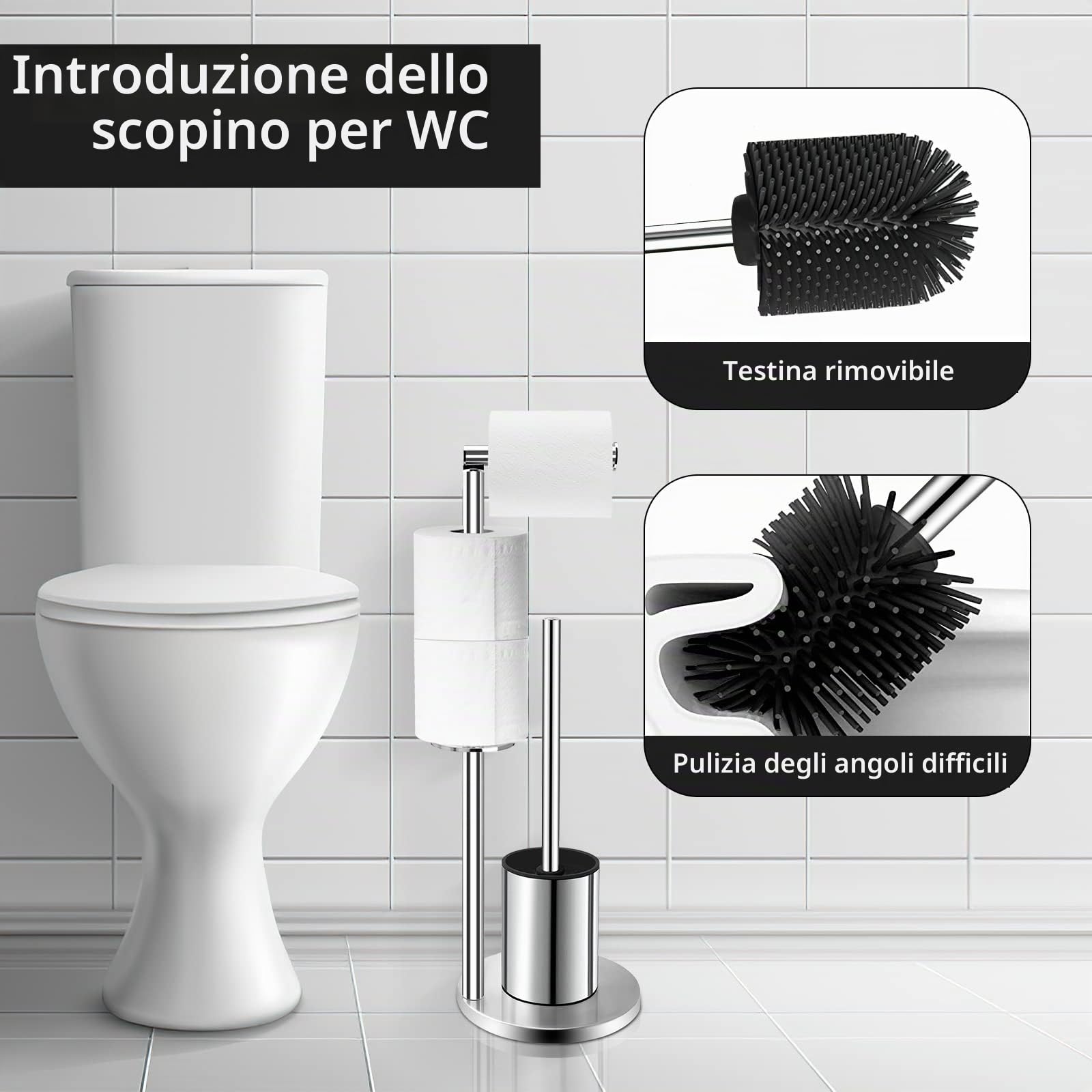 Porta carta igienica in acciaio inox con scopino per WC, in acciaio 304, portarotolo WC con porta carta igienica in piedi e scopino