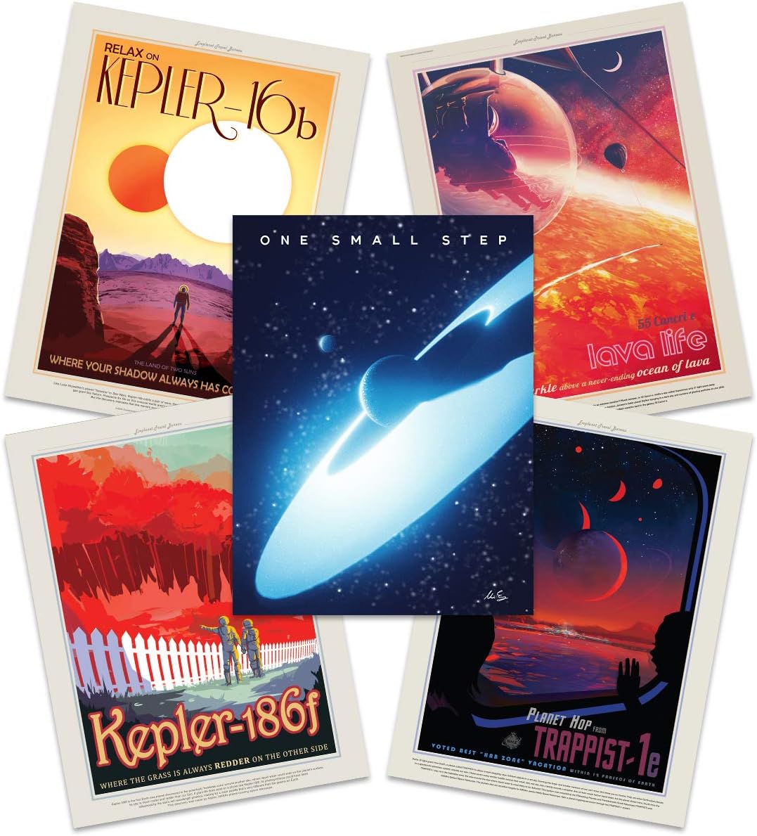 Artery8 NASA Space Grand Tour Travel Exploration Exoplanet Art Print Poster Home Decor Premium Pack of 5 - includes Custom 50th Anniversary Apollo 11 Moon Landing Print