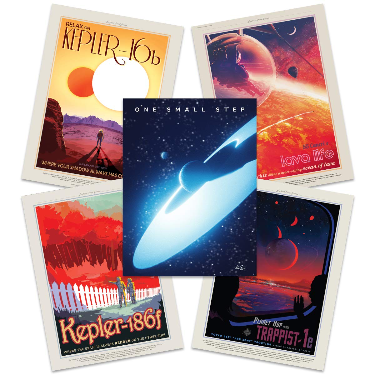 Artery8 NASA Space Grand Tour Travel Exploration Exoplanet Art Print Poster Home Decor Premium Pack of 5 - includes Custom 50th Anniversary Apollo 11 Moon Landing Print