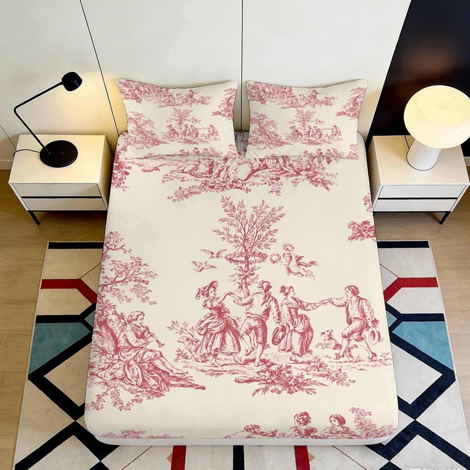 3D Printed French Pastoral Fitted Sheet Microfiber Red Floral Mattress Cover for Bedroom Guest Room Easy Care Decor 90x200x25cm