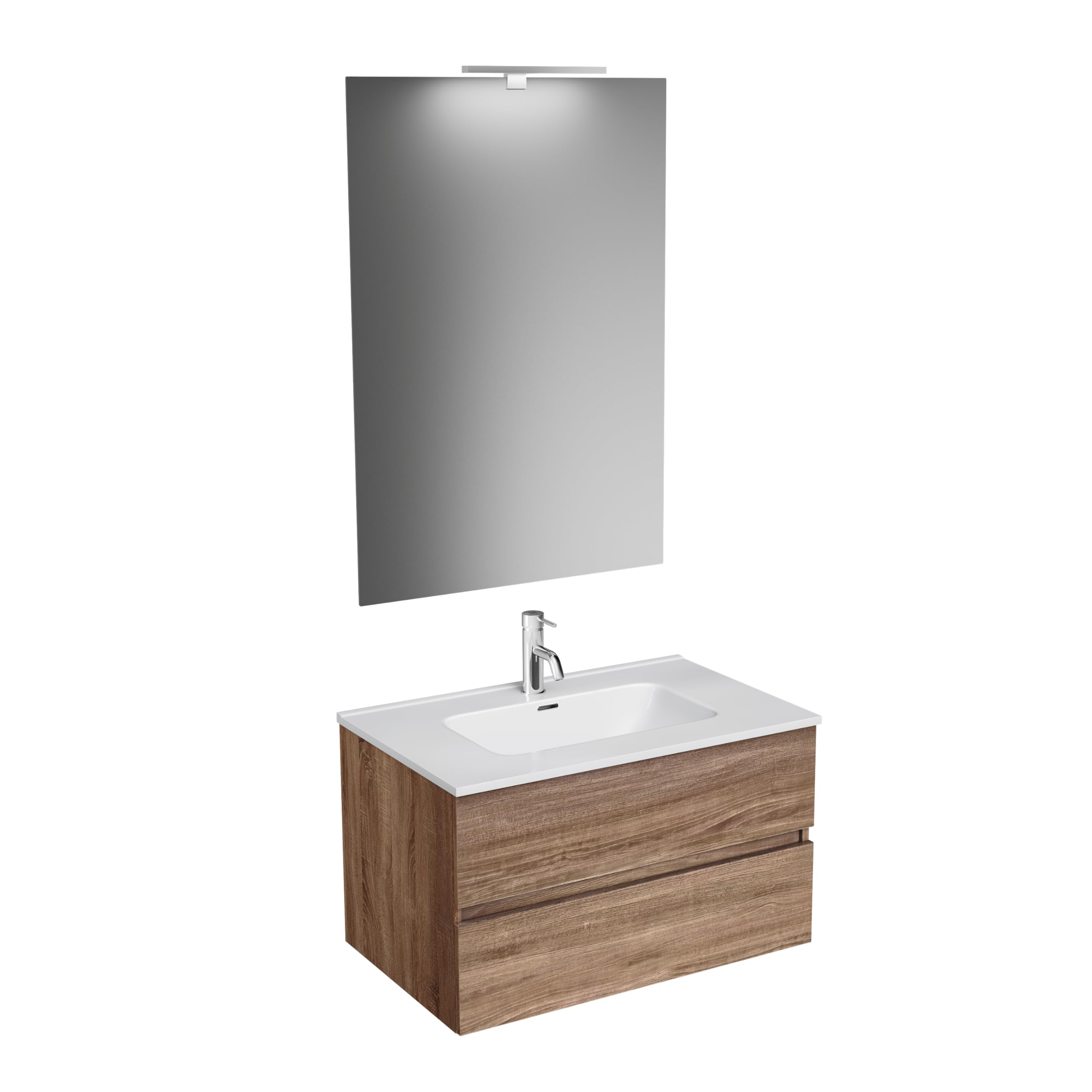 Parama Mobile Da Bagno Sospeso Mod. Yili Con Lavabo In Ceramica Profondità 46cm Specchio Filolucido Incluso (70cm, Rovere scuro)