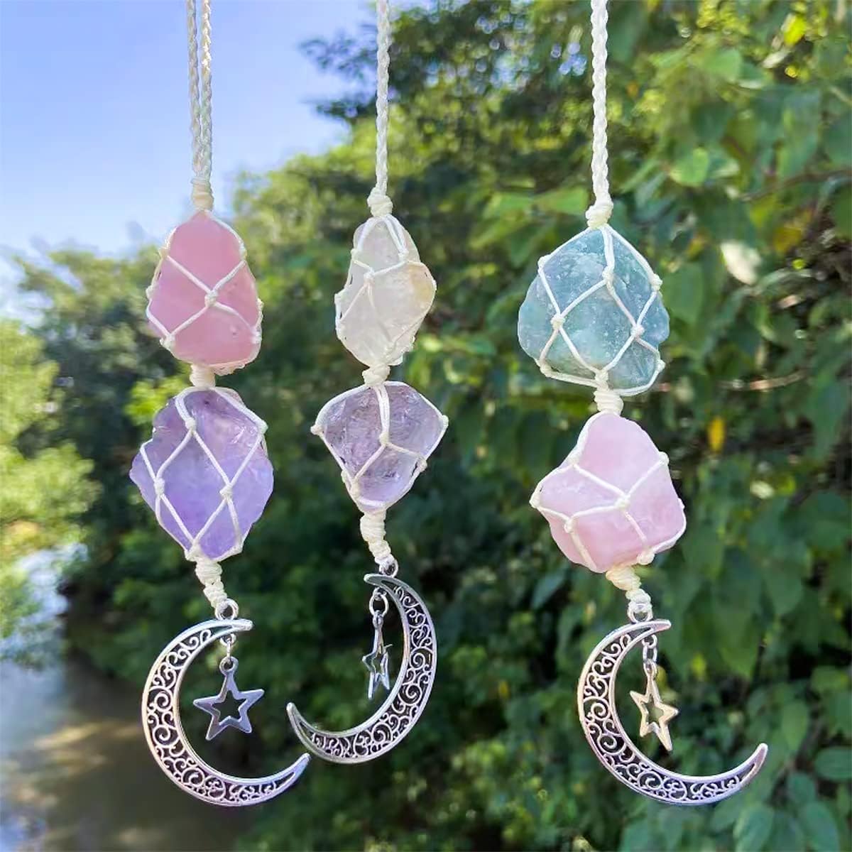 JNNJ Ornamento Cristallo per Auto, Ciondolo per Specchietti Retrovisori, Accessori in Pietra (Rosa/Viola)