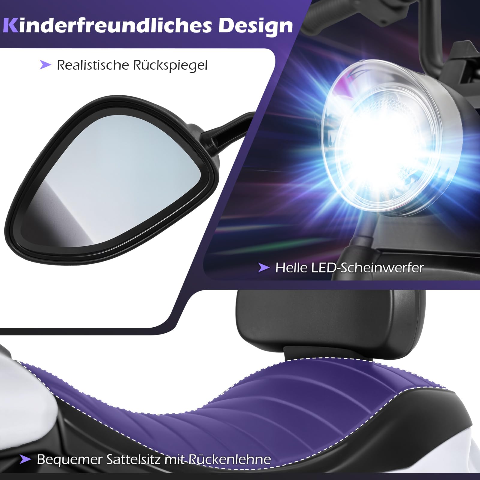 COSTWAY 6 V Kinder Motorrad Elektro, Kindermotorrad mit Scheinwerfer, Rückspiegel & 2 Stützrädern, Elektromotorrad mit Musik & Licht, 2,4 km/h, Elektrofahrzeug für Kinder ab 18 Monaten (Weiß)