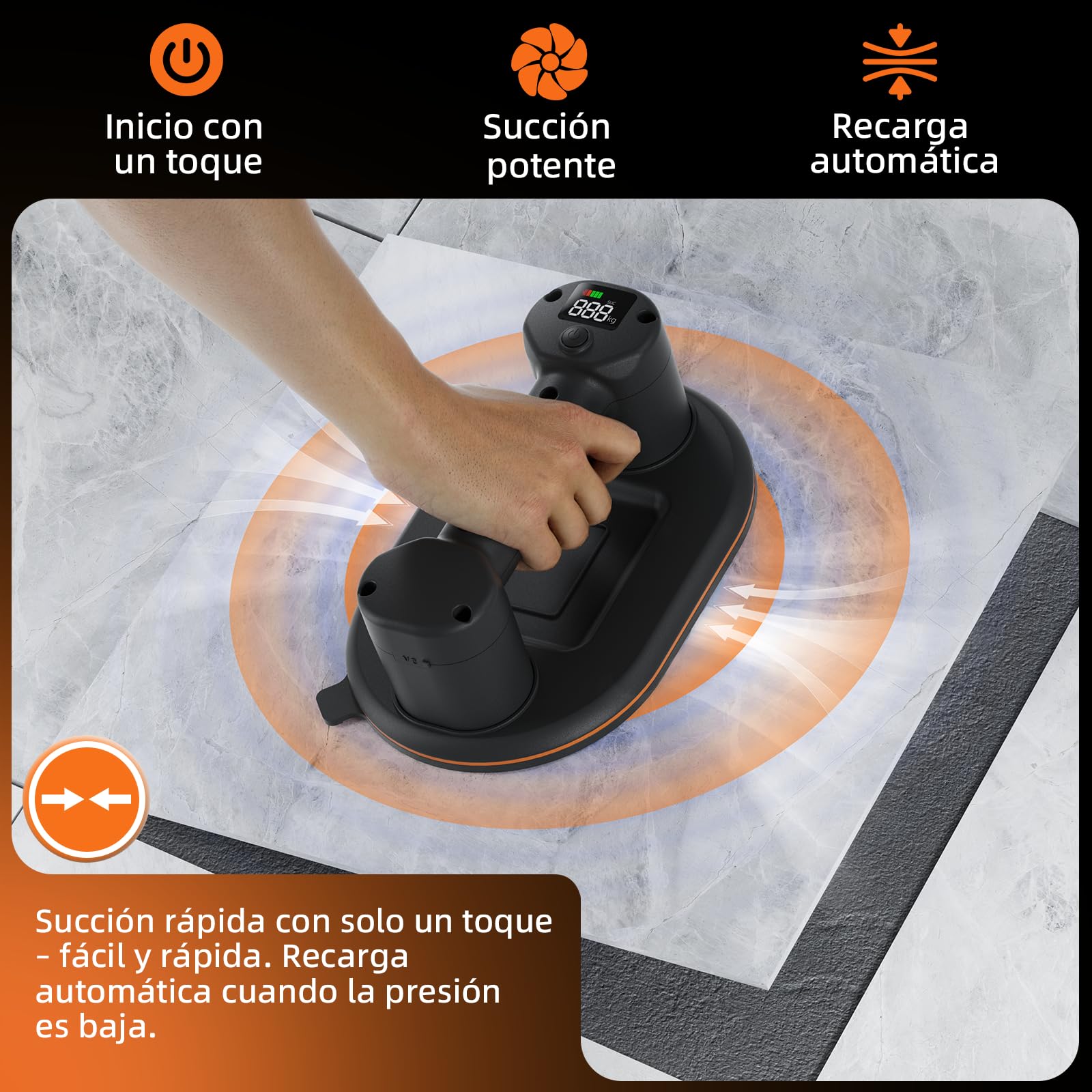 Elevador de succión para azulejos (2 unidades) | Capacidad de carga máxima: 300 kg, batería de 4000 mAh, función de aspiración automática, motor doble, pantalla LCD