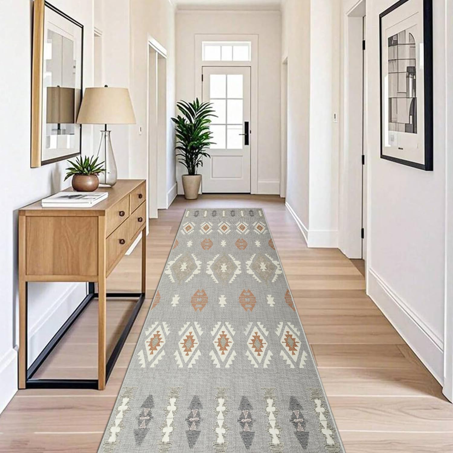 BedLooms Carpet Runners for Hallway Non-Slip 80 x 150 cm - Geometric Style Tribal Pattern Printed Design Bedroom Grey and White Carpets for Dinning Room, Lounge (Nova)
