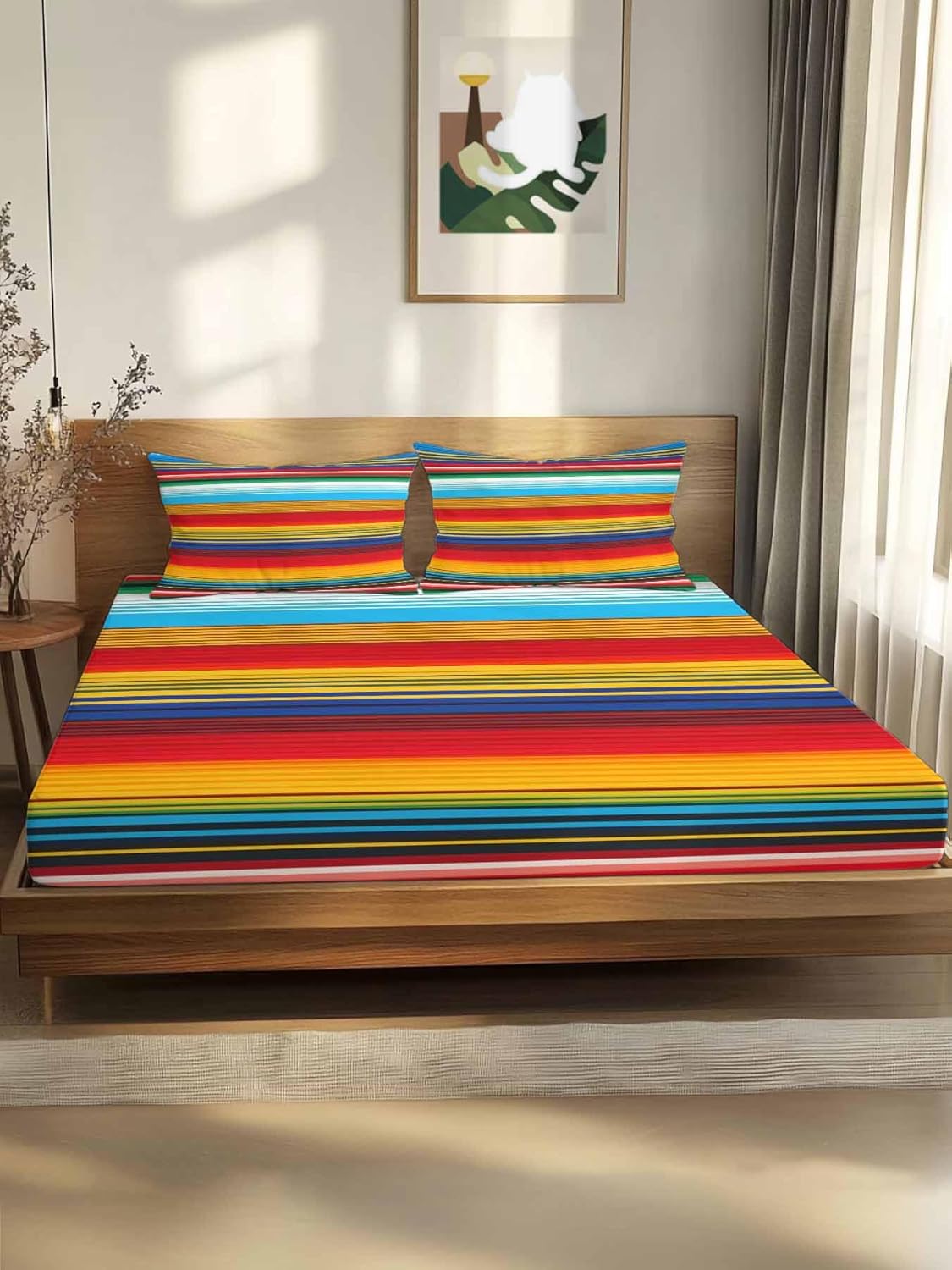 Queen Bed Fitted Sheets Mexican Colorful Stripe Bed Set with 16" Deep Pocket,Soft Microfiber Bedding Bottom Sheet with 2 Decorative Pillowcases