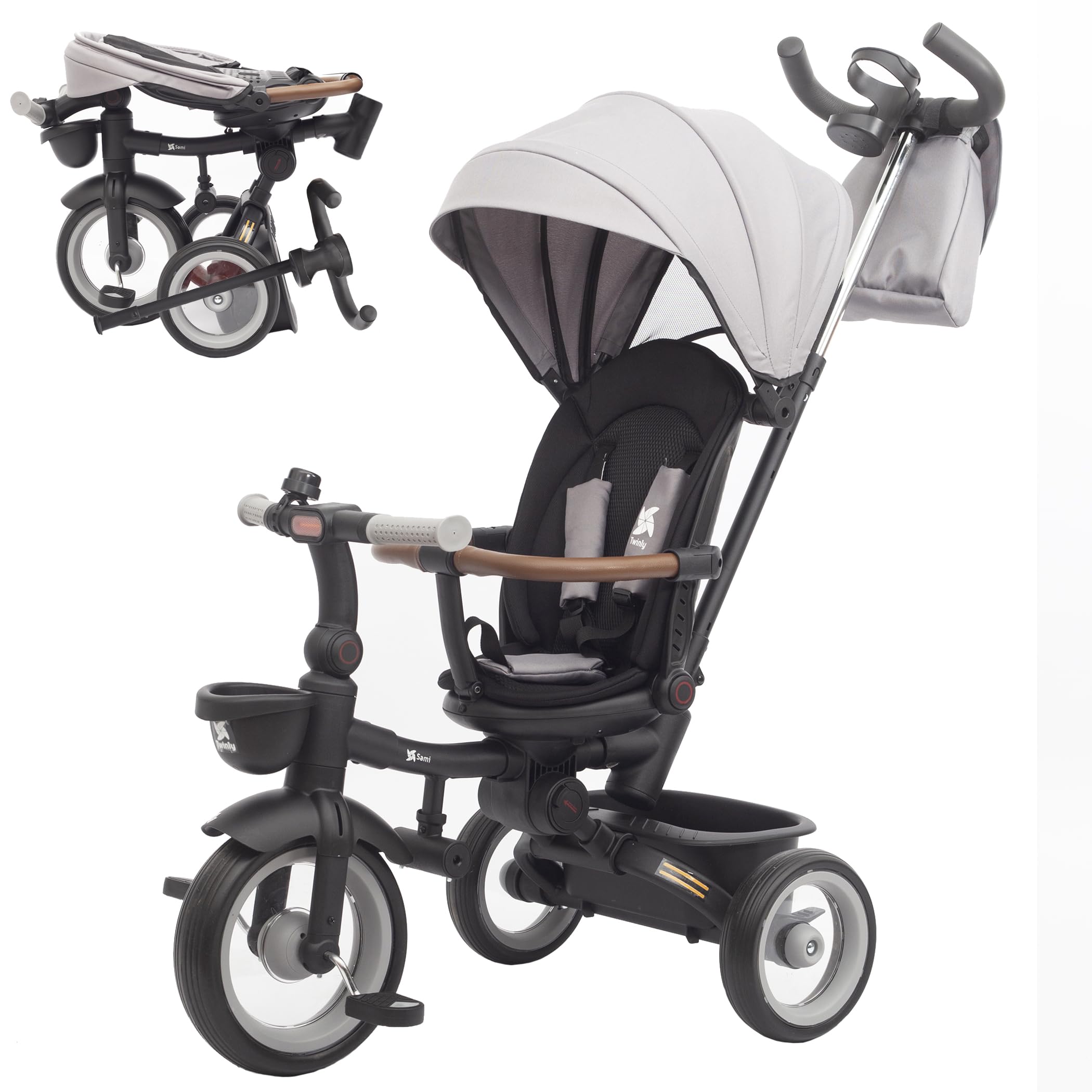 Twinly - Triciclo Evolutivo Bambino Sami Pieghevole con Sedile Girevole 360 Bicicletta 2 anni - Passeggino Bambino, Giocattolo, 1-5 anni o 25 kg - Luce, Cappottina Estensibile (Grey)