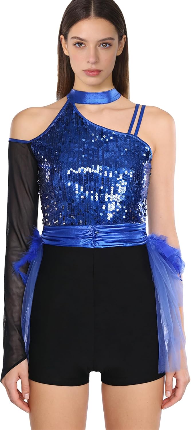 Hularka Women Sequins Fringe Bodysuit Shiny Glitter Leotard Latin Ballroom Jazz Cocktail Dance Costume Rave Outfits