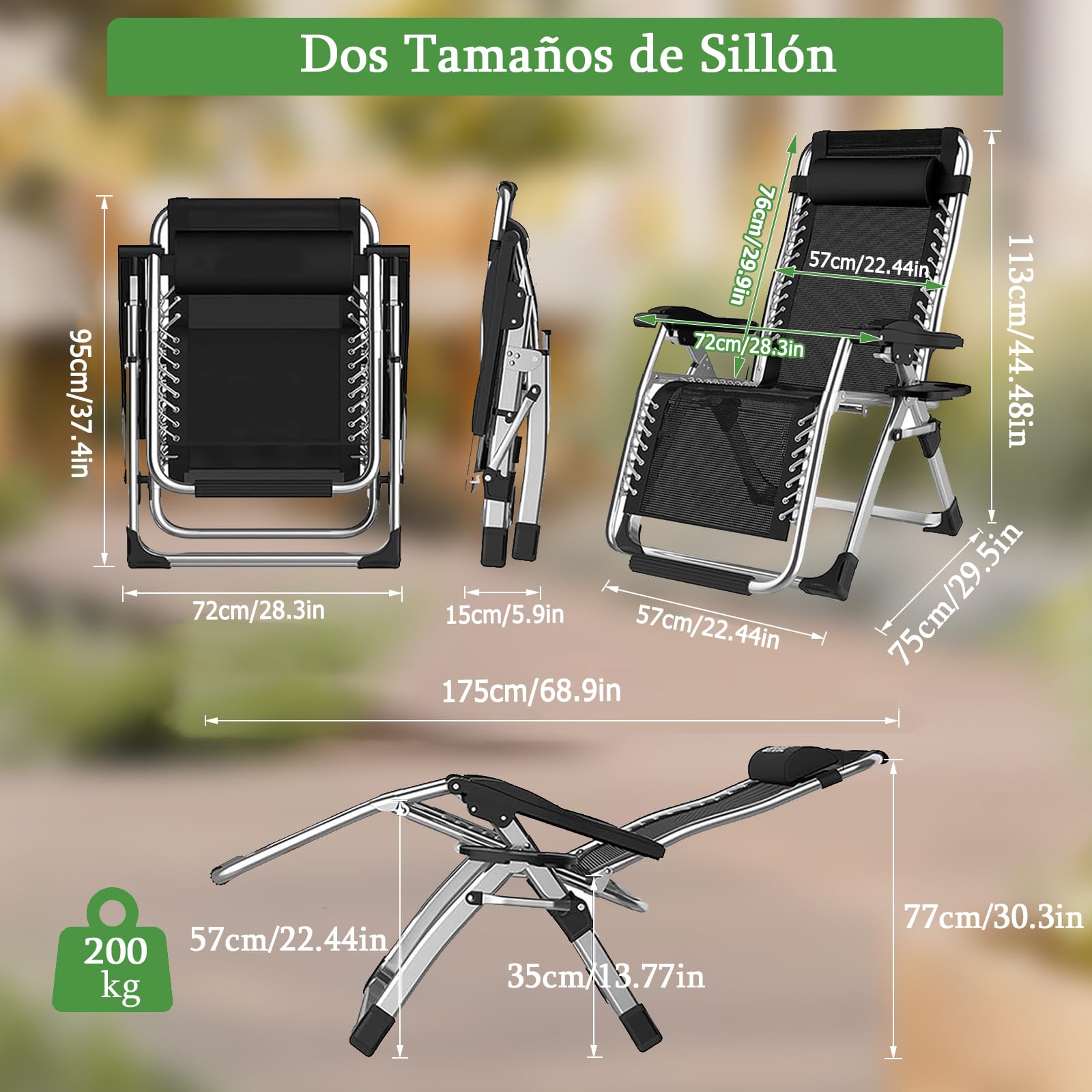 Silla Tumbona Plegable Negro Gravedad Cero 72 cm Ancha Tumbonas Jardin Exterior con Almohada Cervical Desmontable, Cojín y Funda Tumbona, Ideal para Terraza, Jardín, Playa